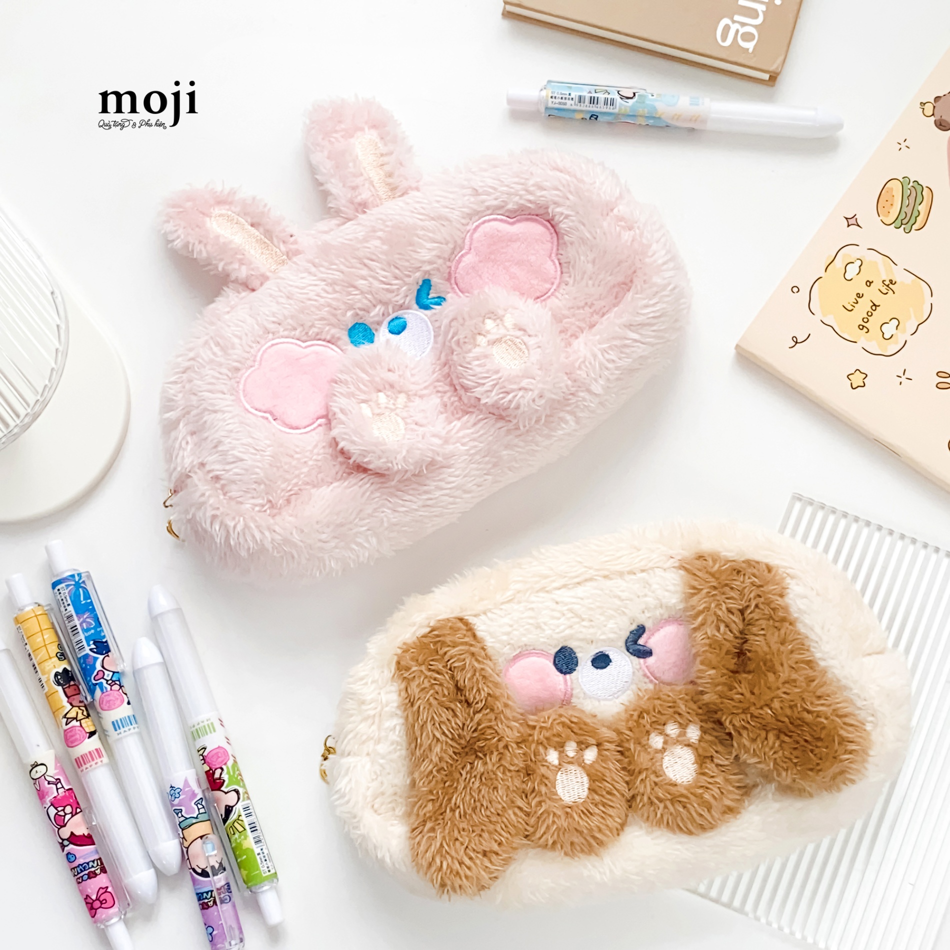 Hộp bút lớn lông xù Rabbit dog có tai dài chân nổi 11x20