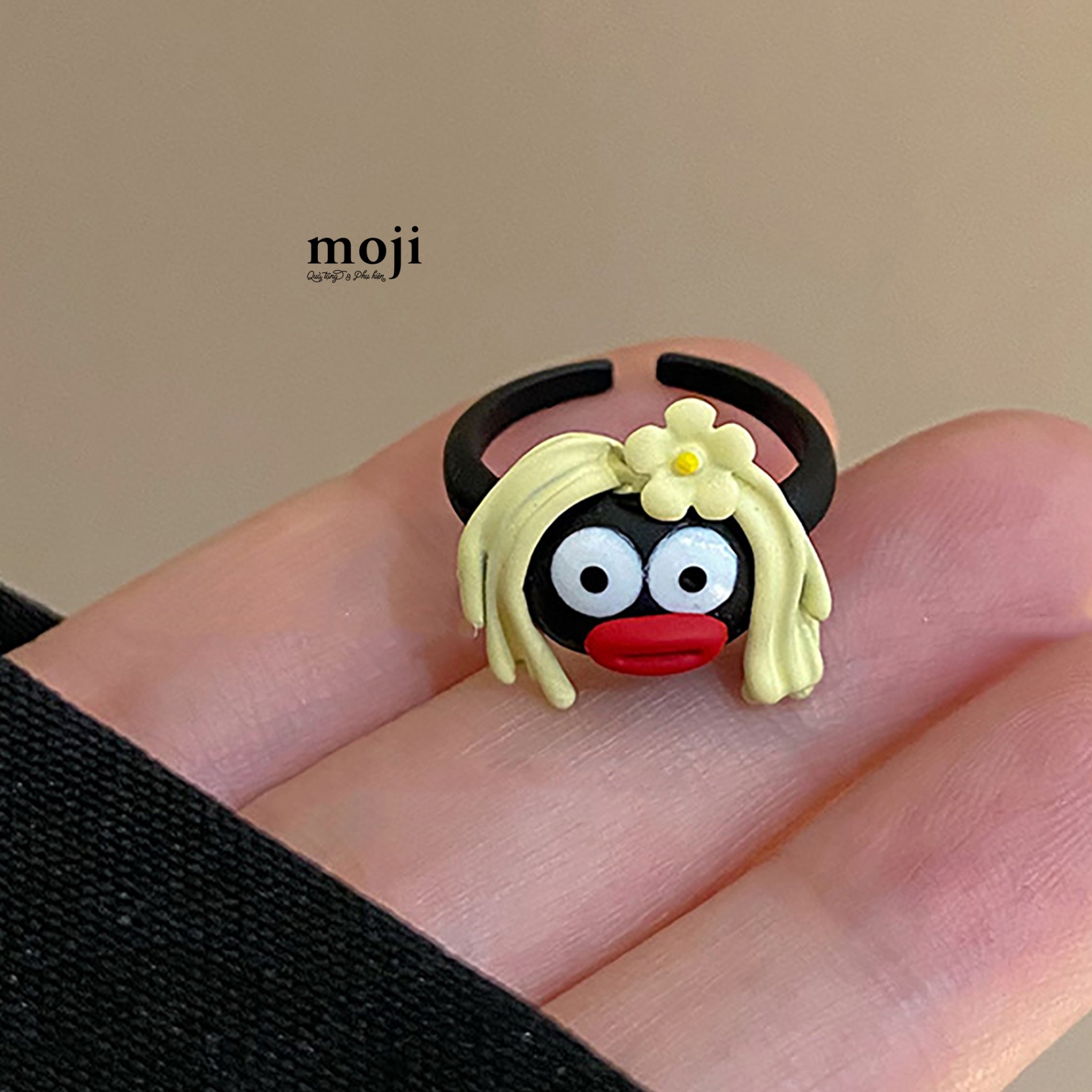 Nhẫn MJ Funny vibes black face big eyes môi dày flower