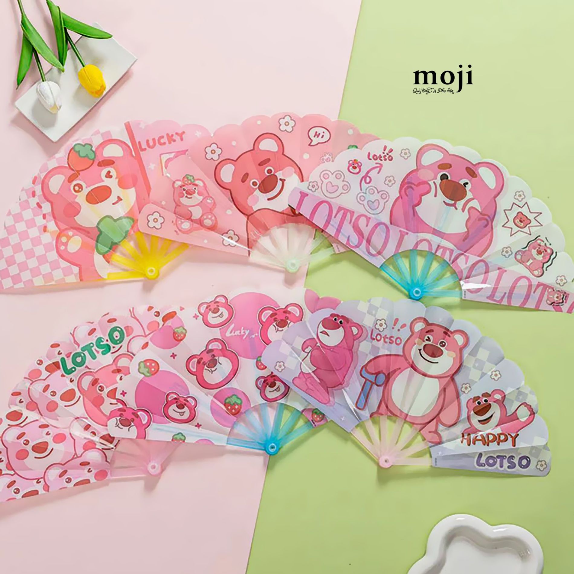 Quạt xòe MJ TS Gấu dâu Lotso lucky happy
