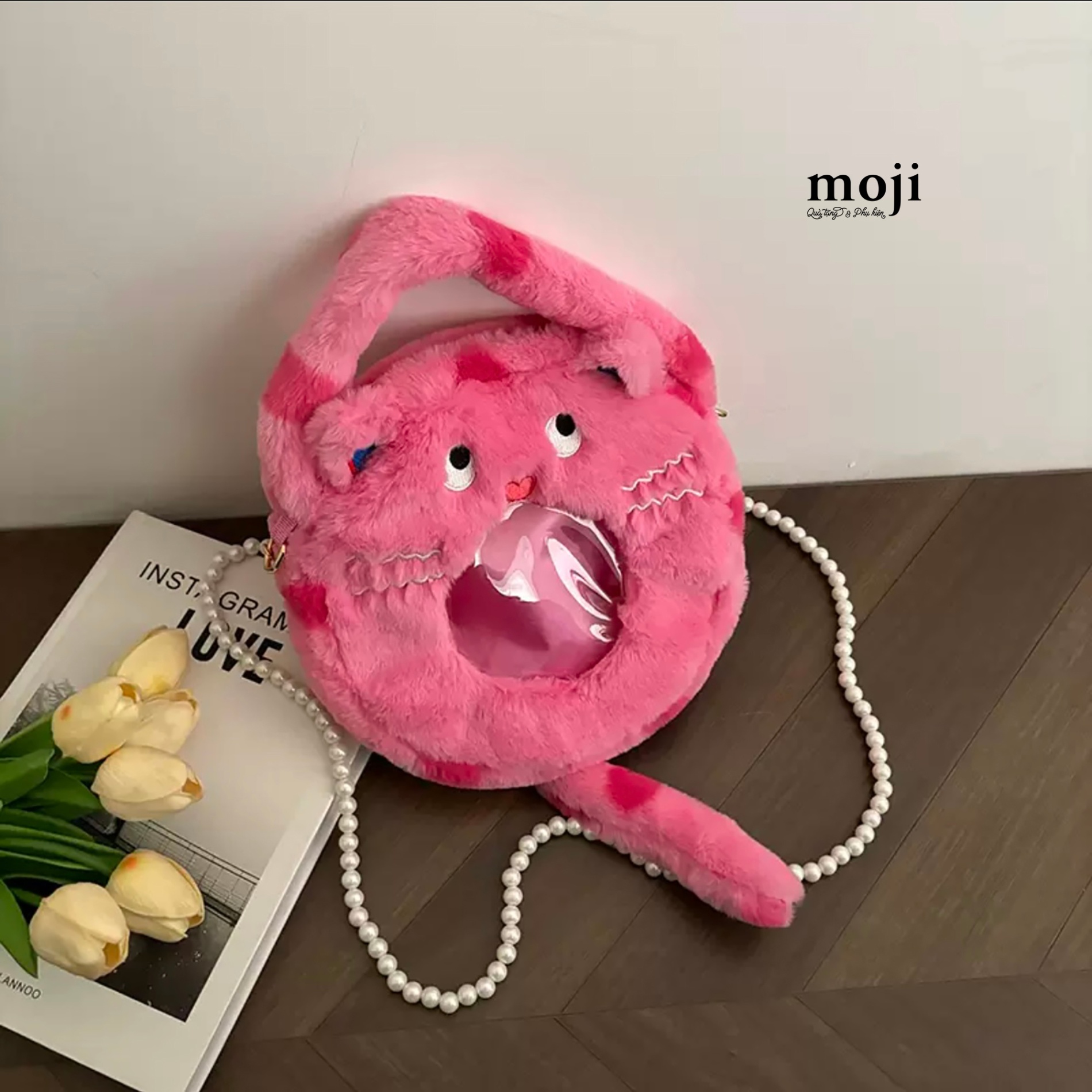 Túi đeo vải lông xù Pink cat có tai đuôi dài 22x24