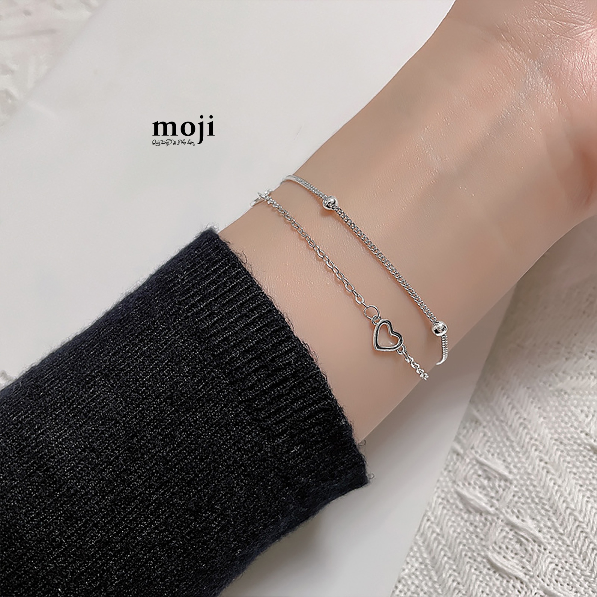 Vòng tay mạ bạc đôi Heart hạt tròn