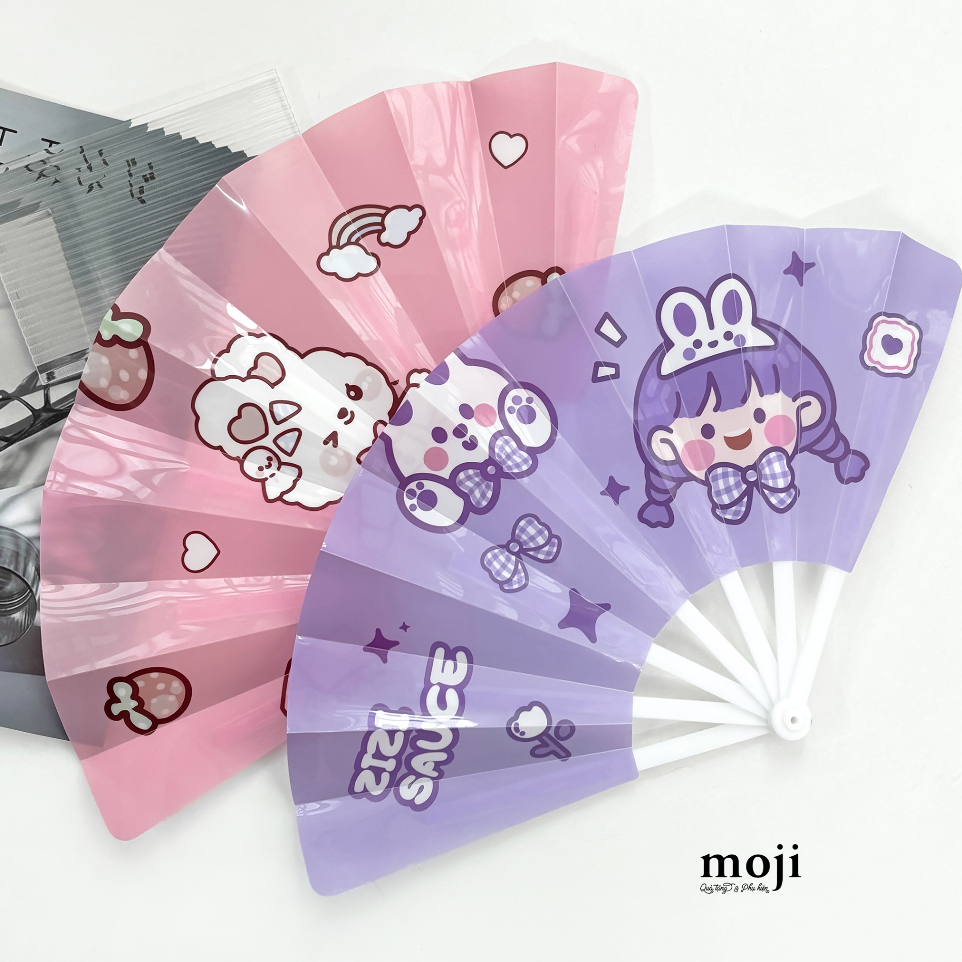 Quạt xòe MJ Little girl Zizi Sauce rabbit fruit nơ nhỏ