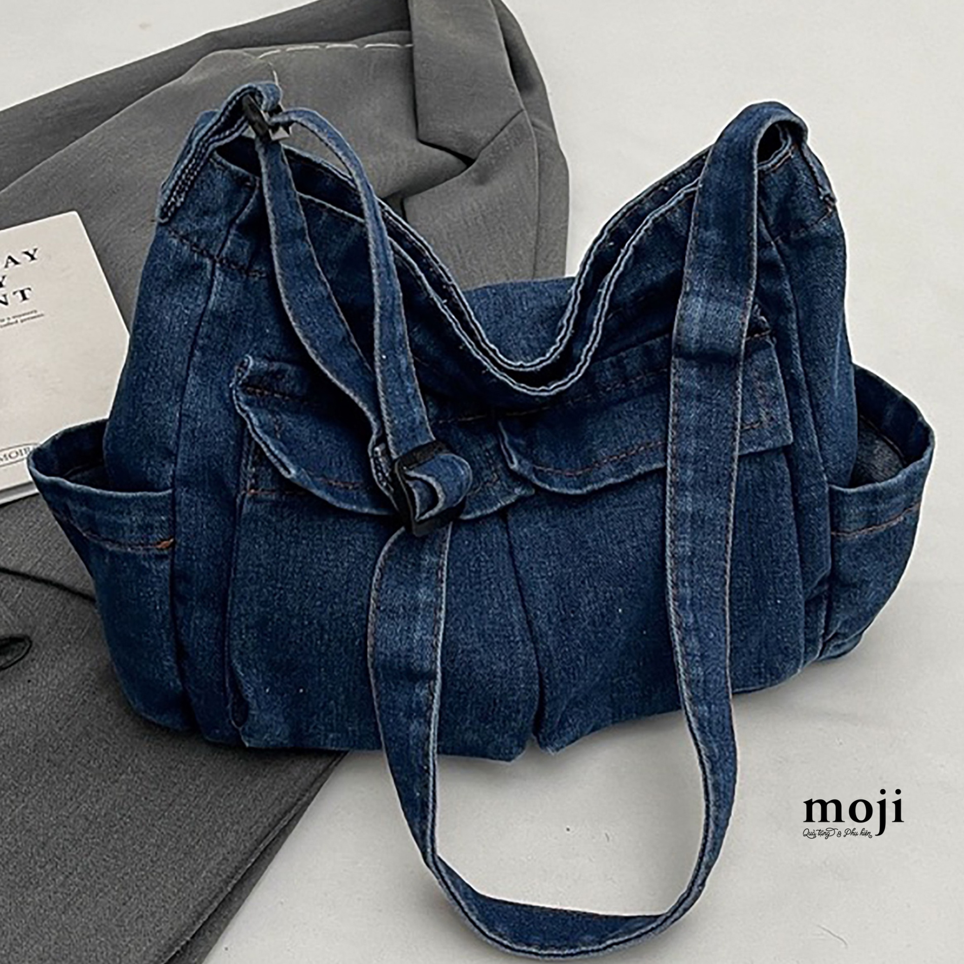 Túi đeo chéo vải Denim style ngăn nhỏ ô vuông có nắp 10x25x33