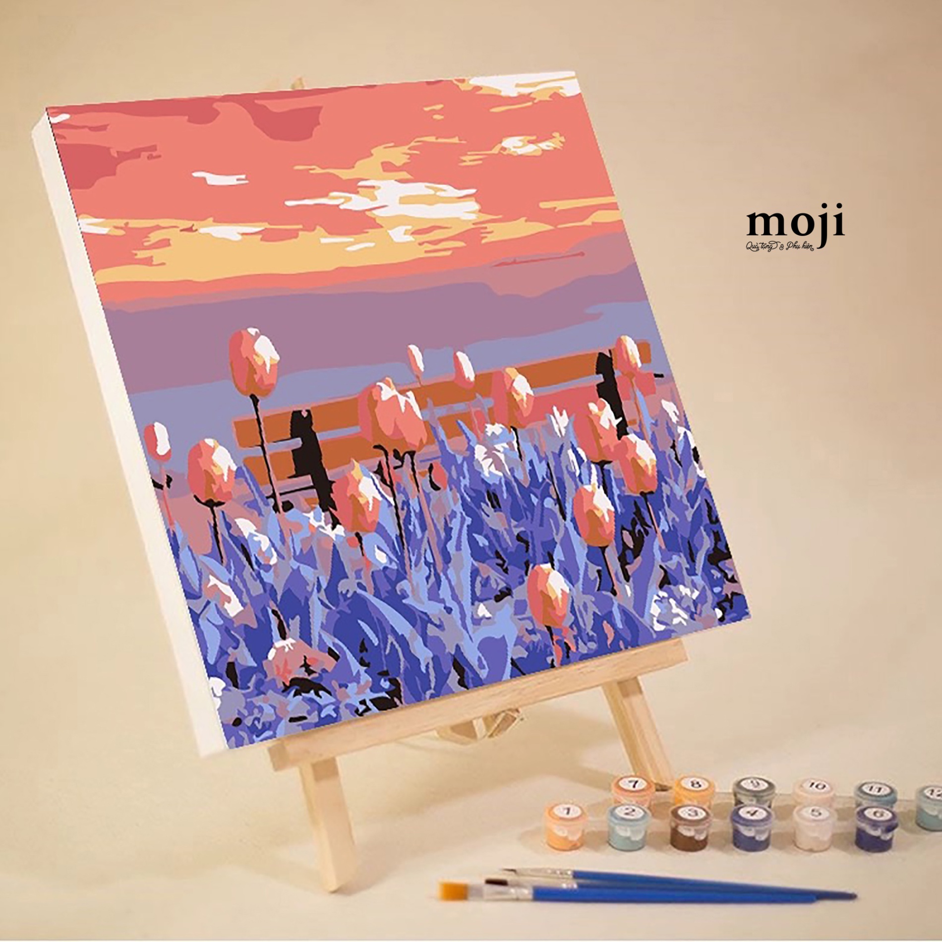 Tranh tô màu số hóa DIY Ghế gỗ flower field sunset kèm dụng cụ 20x20