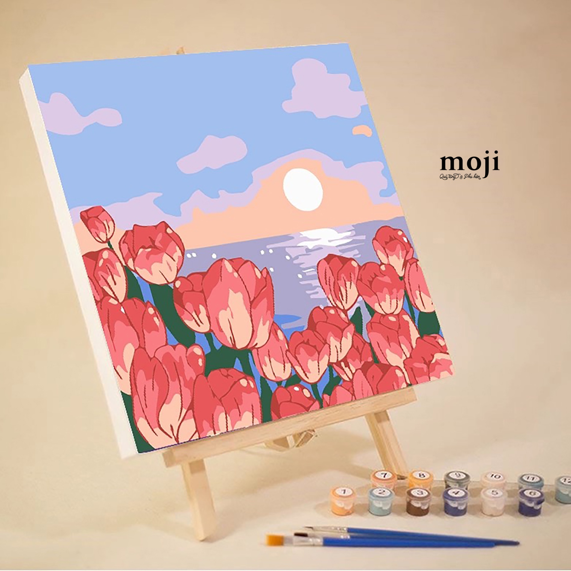 Tranh tô màu số hóa DIY Tulip flower field sunset kèm dụng cụ 20x20