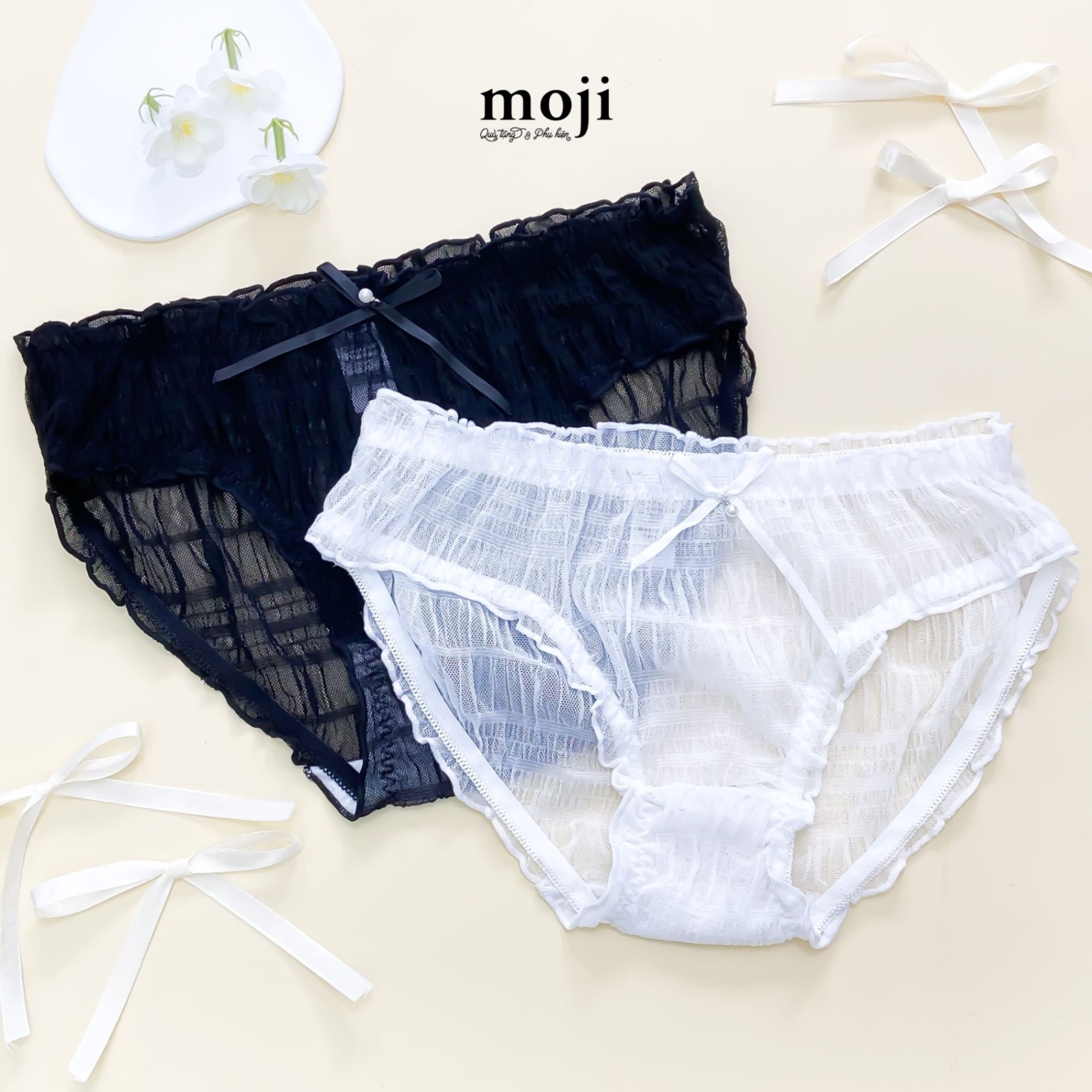 Quần chip MJ ren 1 màu nơ nhỏ có viền