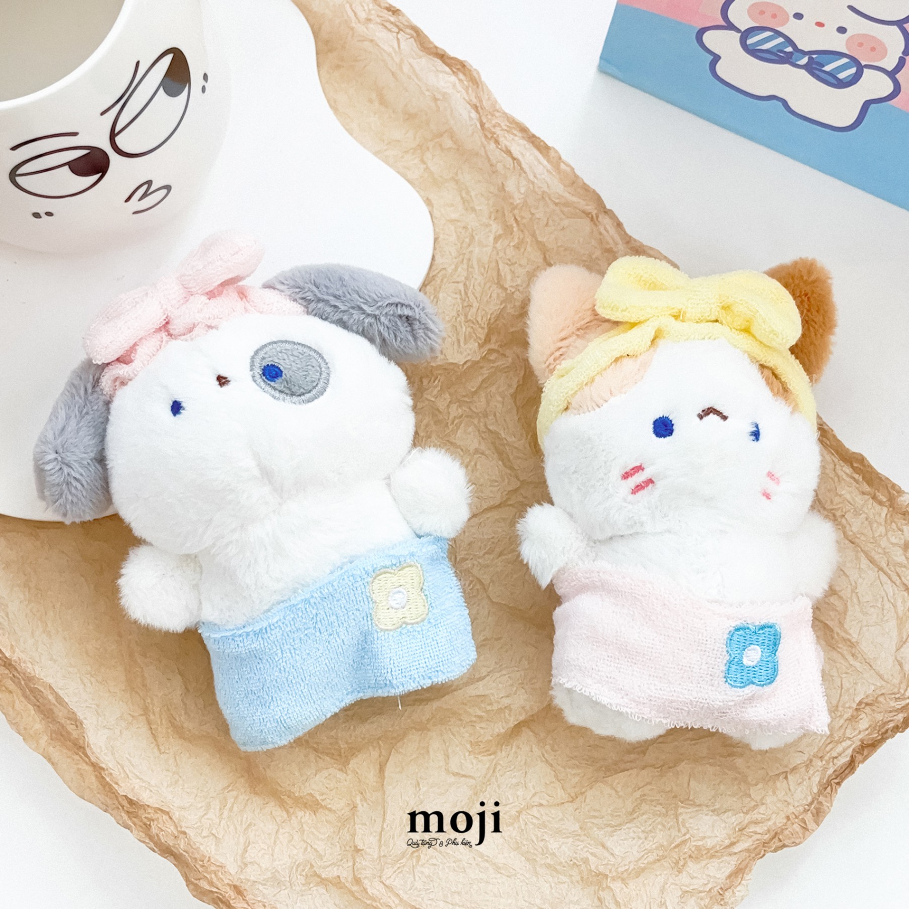 Móc khóa nhồi bông Cute cat dog đeo băng đô bow nơ