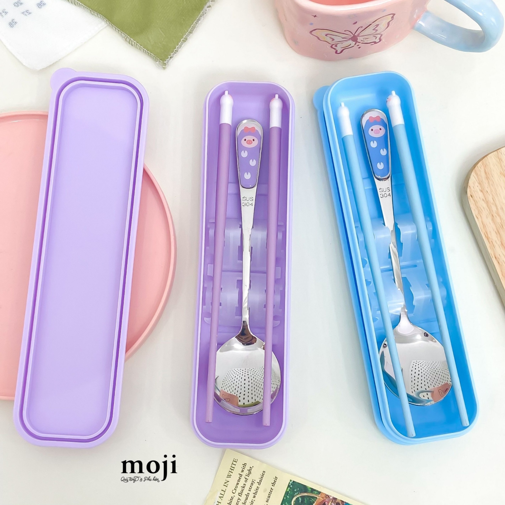 Bộ thìa đũa Cute pig bow nơ nhỏ