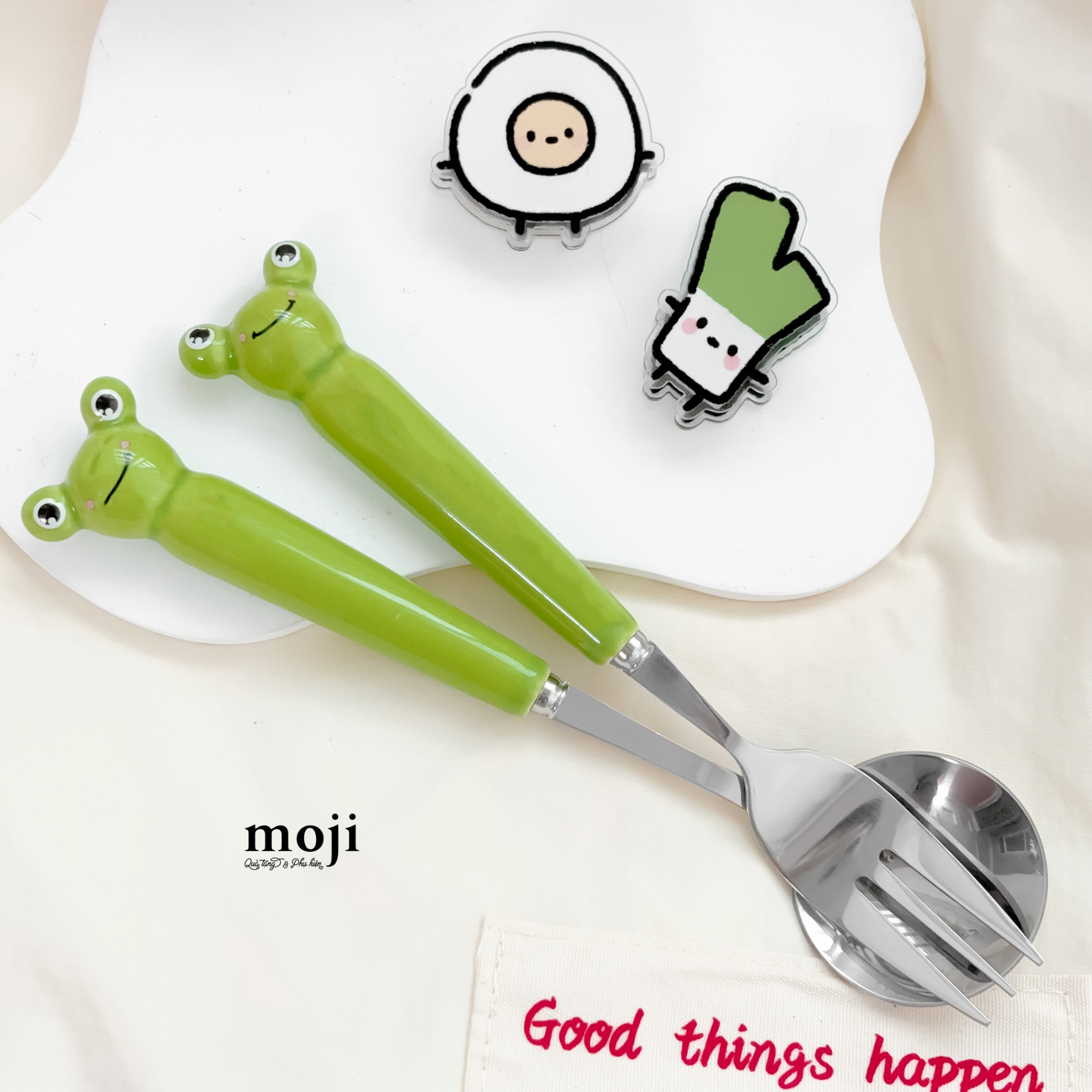 Bộ thìa muỗng nĩa kim loại Happy frog ếch xanh