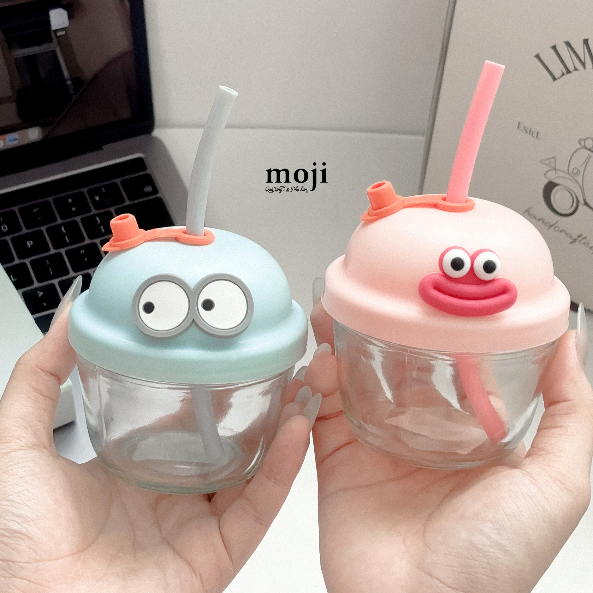 Ly cốc thủy tinh Basic kèm charm funny vibes big eyes môi dày 210ml