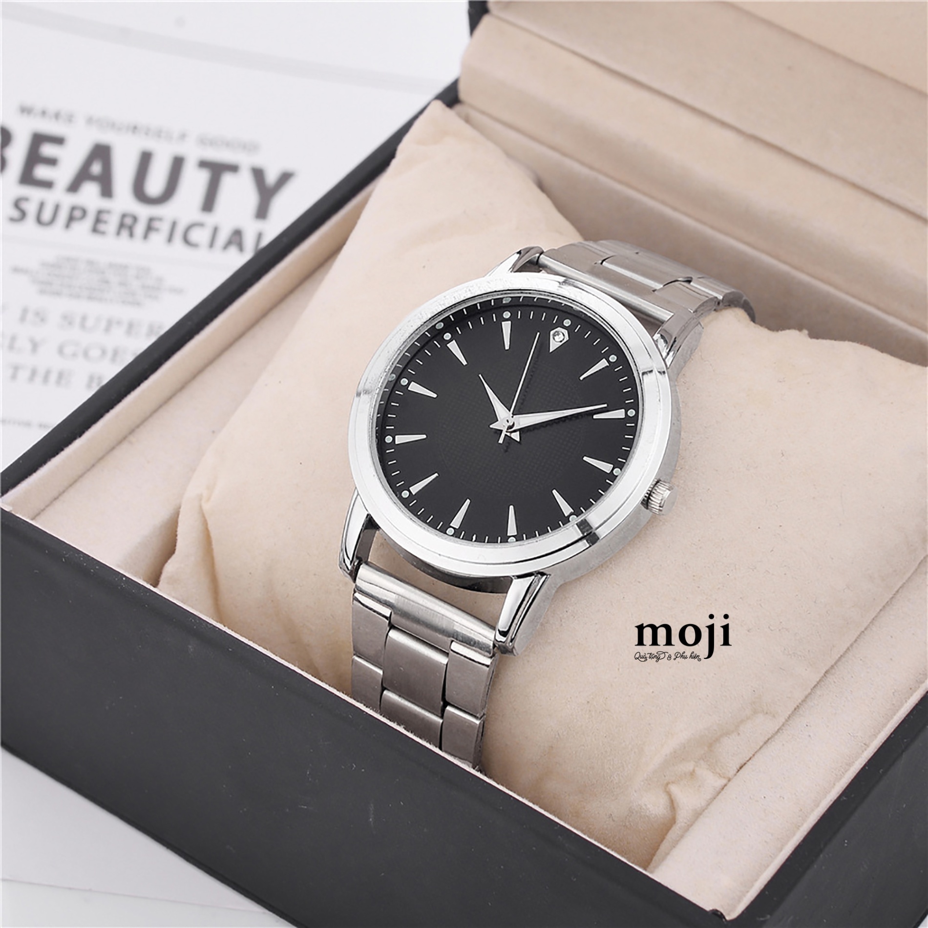 Đồng hồ MJ dây kim loại Basic mặt tròn vạch số chấm màu 40mm