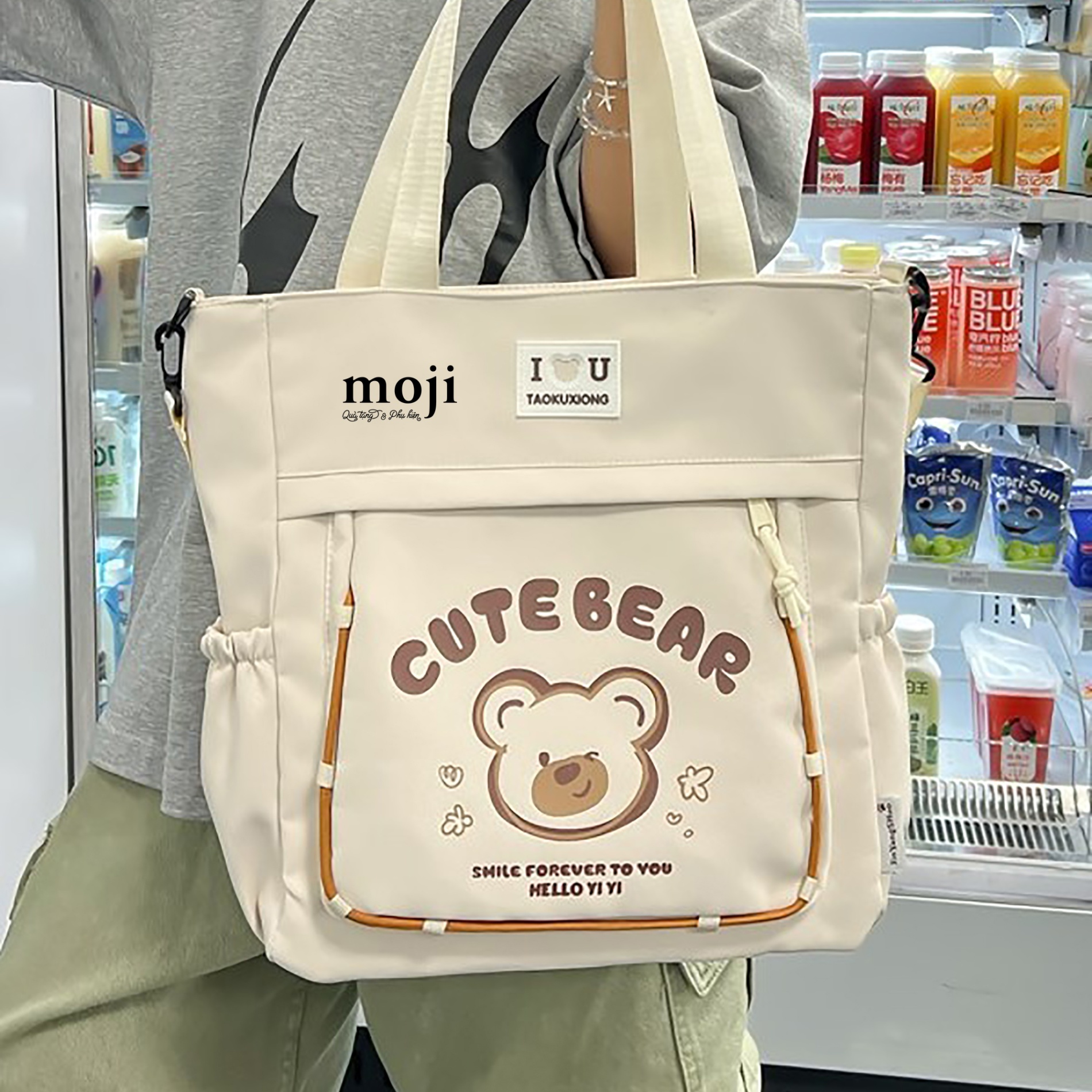 Túi đeo chéo vải Cute bear face smile forever to you 13x31x34