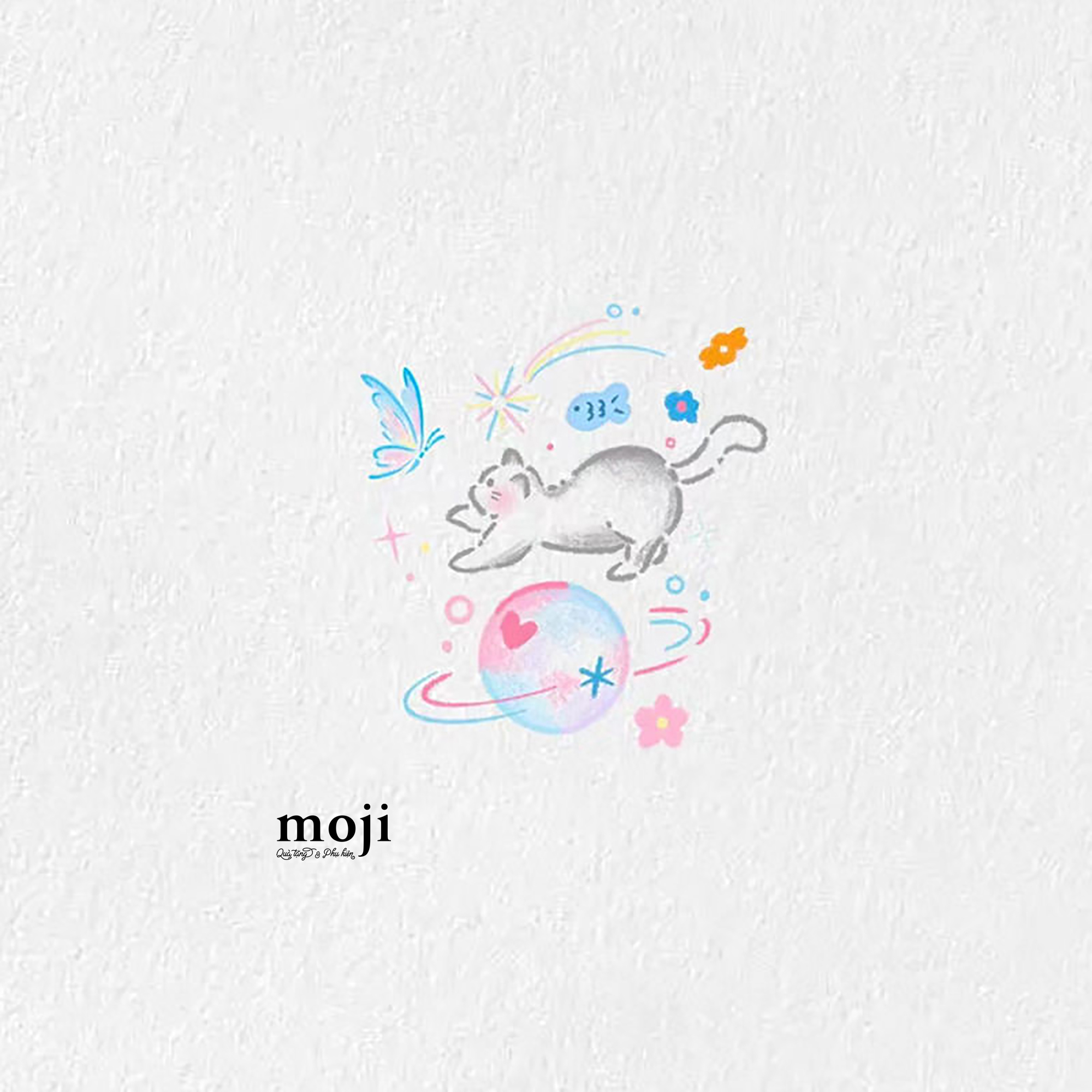 Tattoo Cute cat playing with butterfly colorful planet