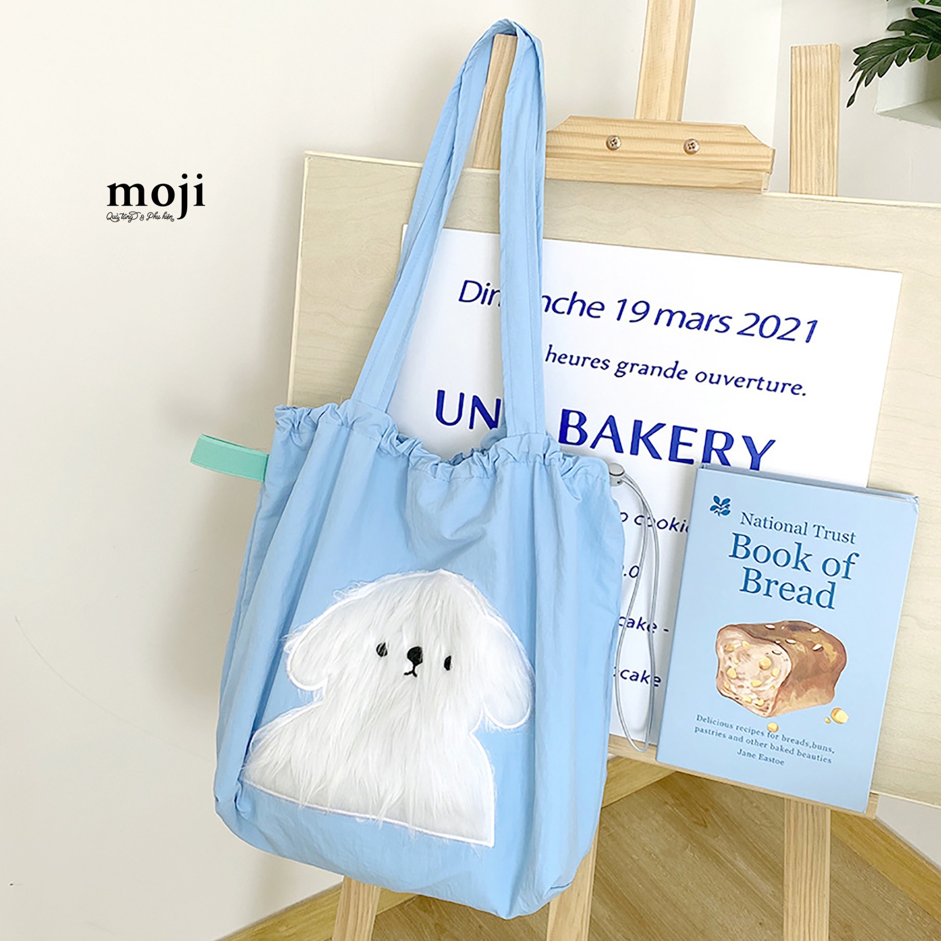 Túi đeo vải Cún lông xù nền màu dây rút 18x32x34