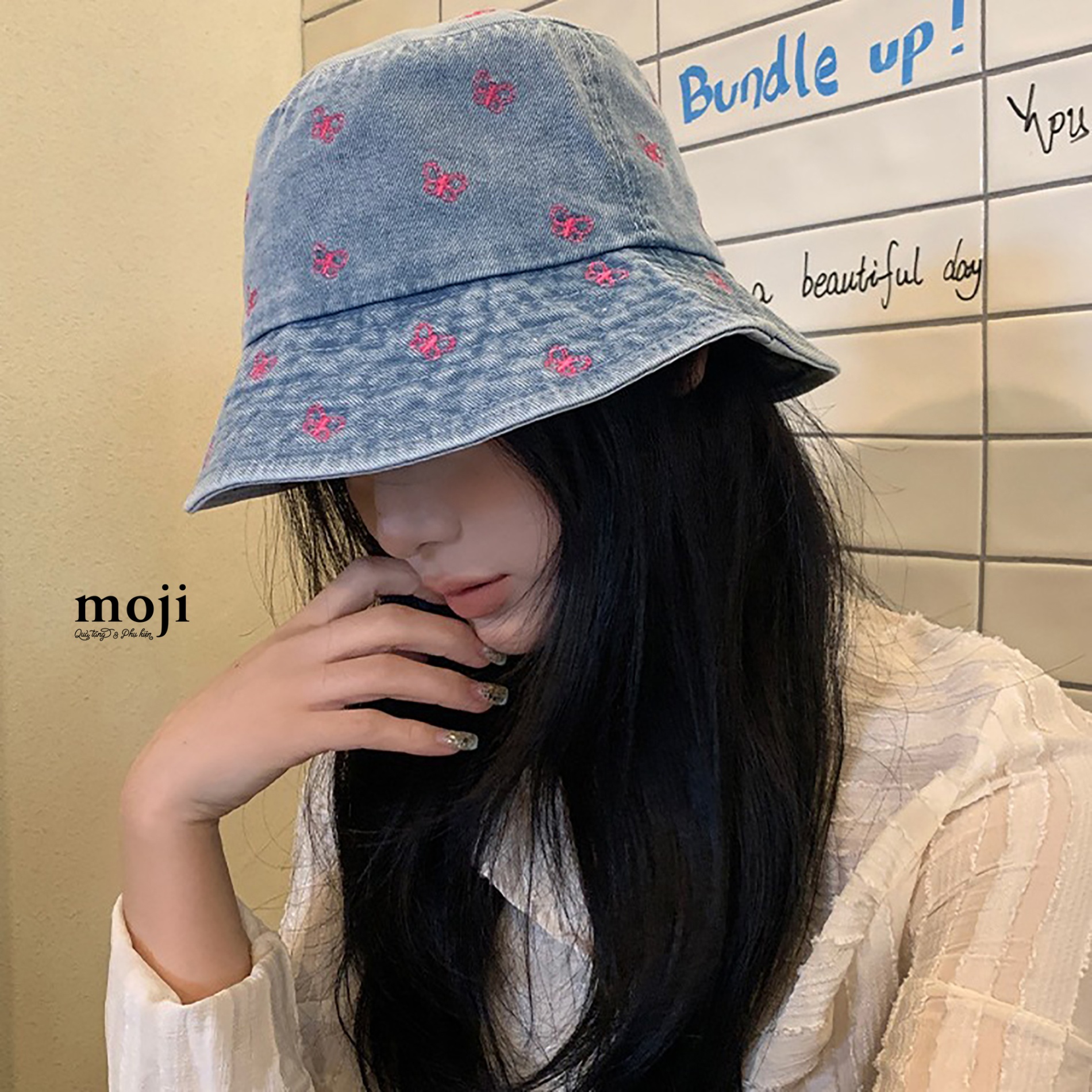 Mũ nón bucket Little butterfly denim style