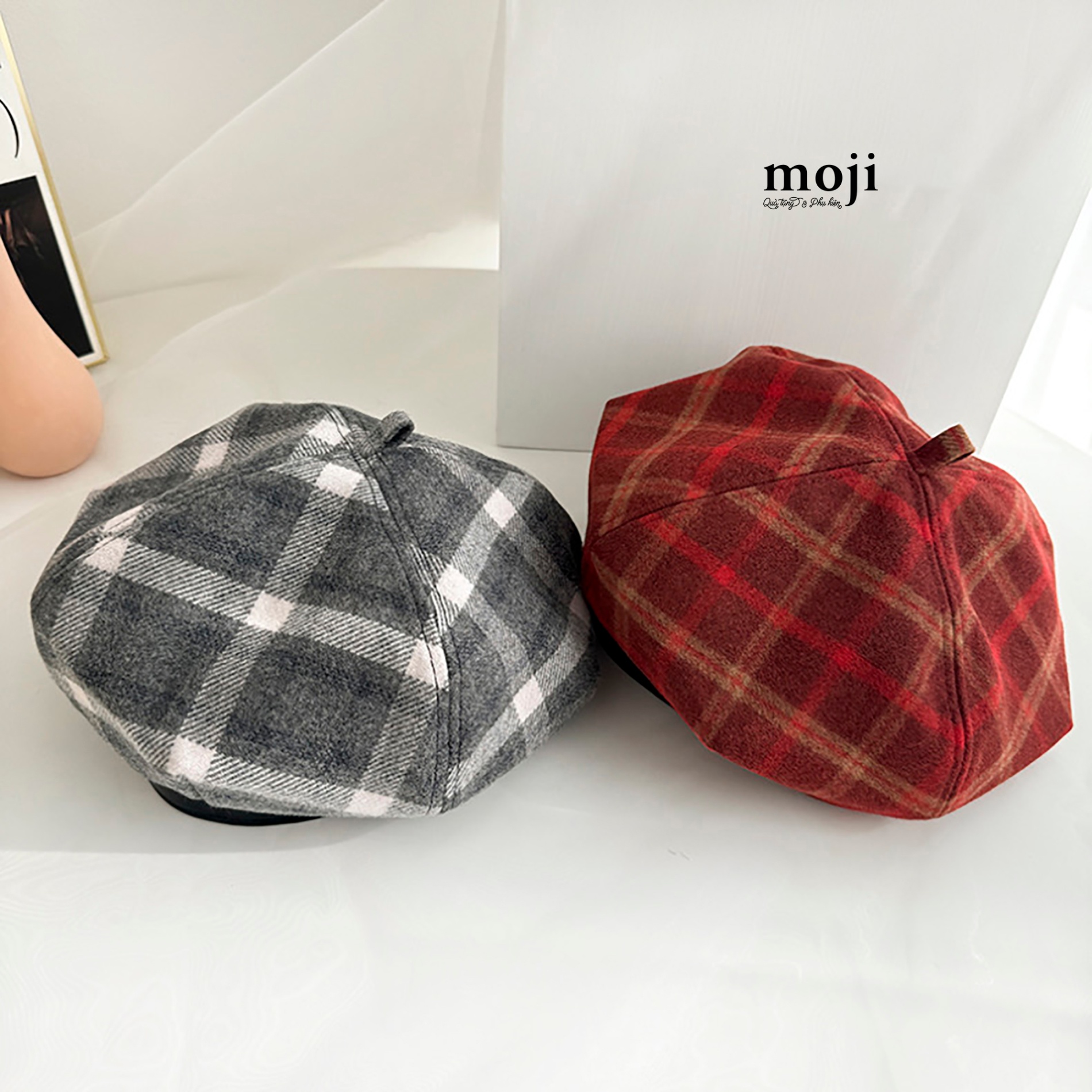 Mũ nón beret Basic retro nền kẻ ô viền da