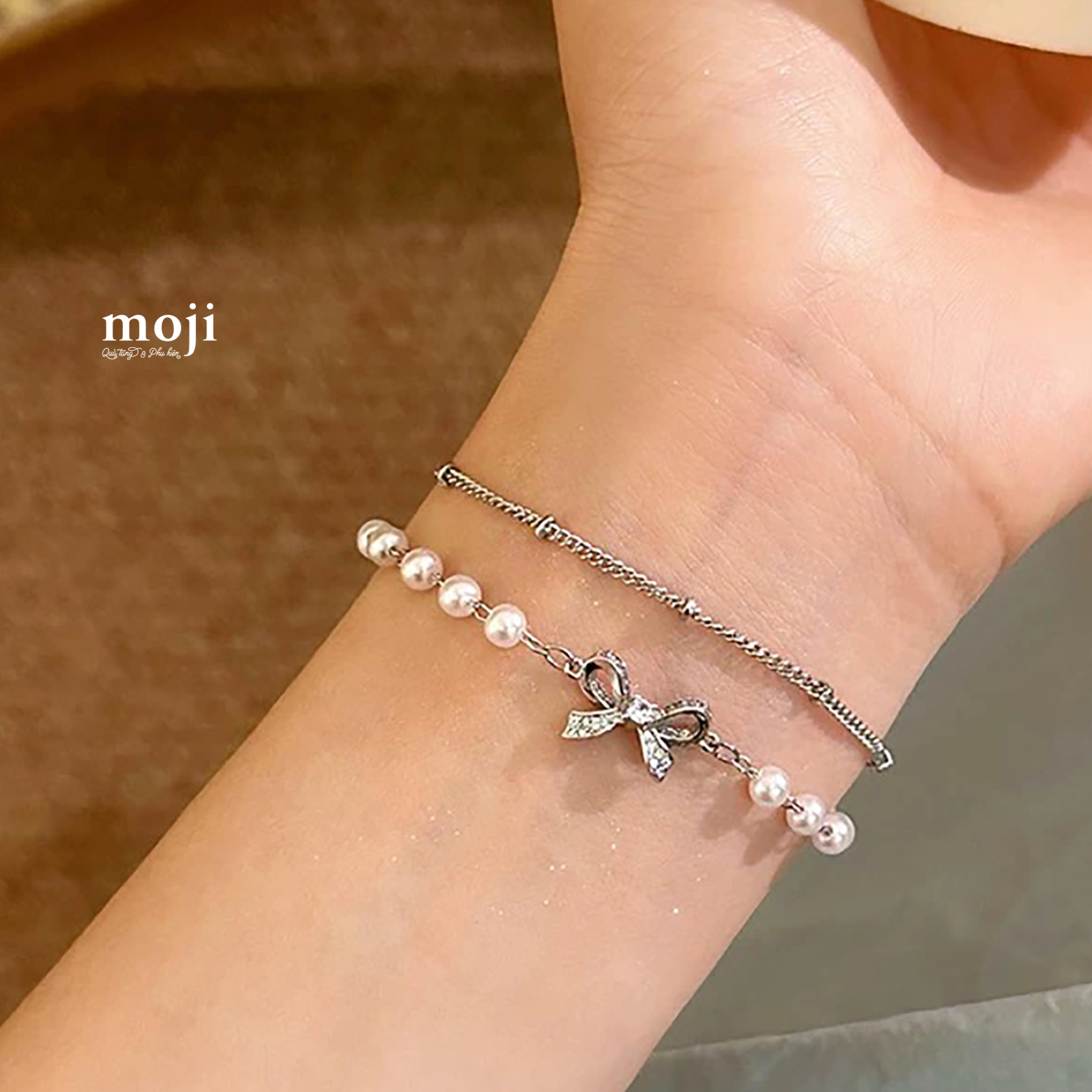 Vòng tay mạ bạc đôi Bow nơ ngọc trai hạt tròn