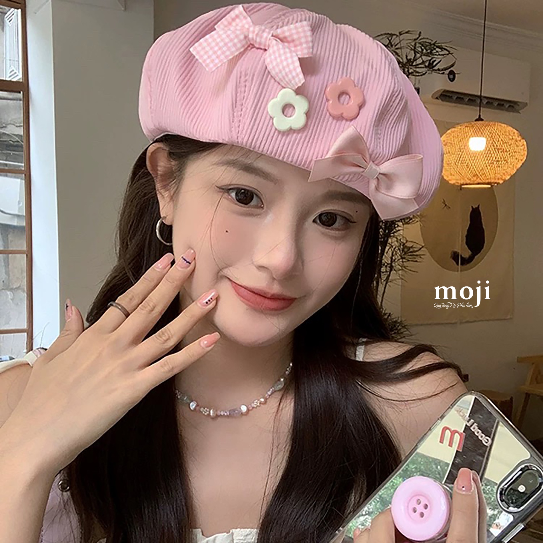 Mũ nón beret Flower bow nơ vân sọc