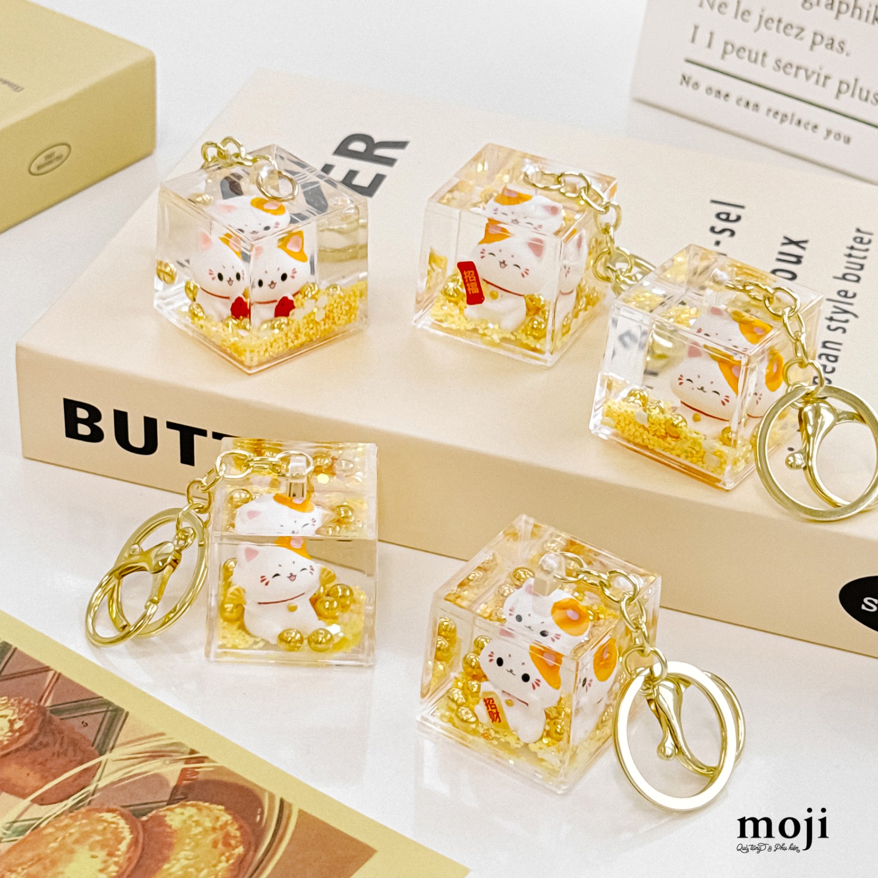 Móc khóa MJ Mèo may mắn trong khối vuông