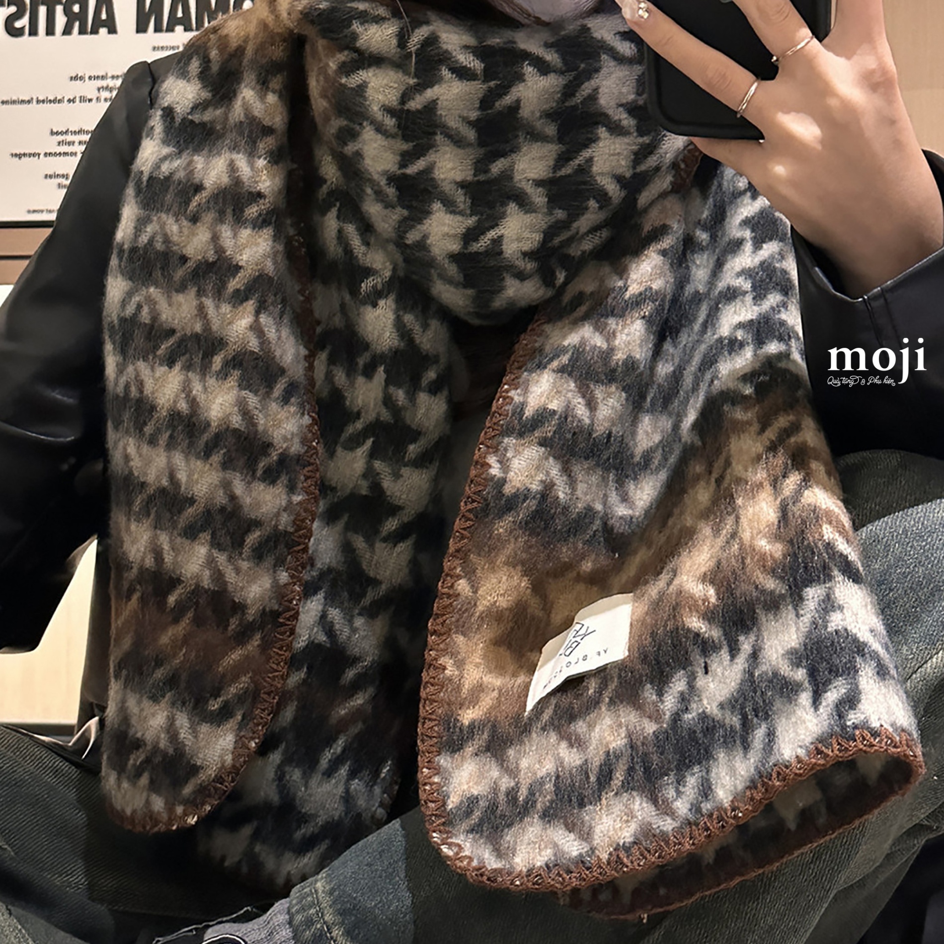 Khăn len cashmere Houndstooth pattern phối màu có viền 50x200