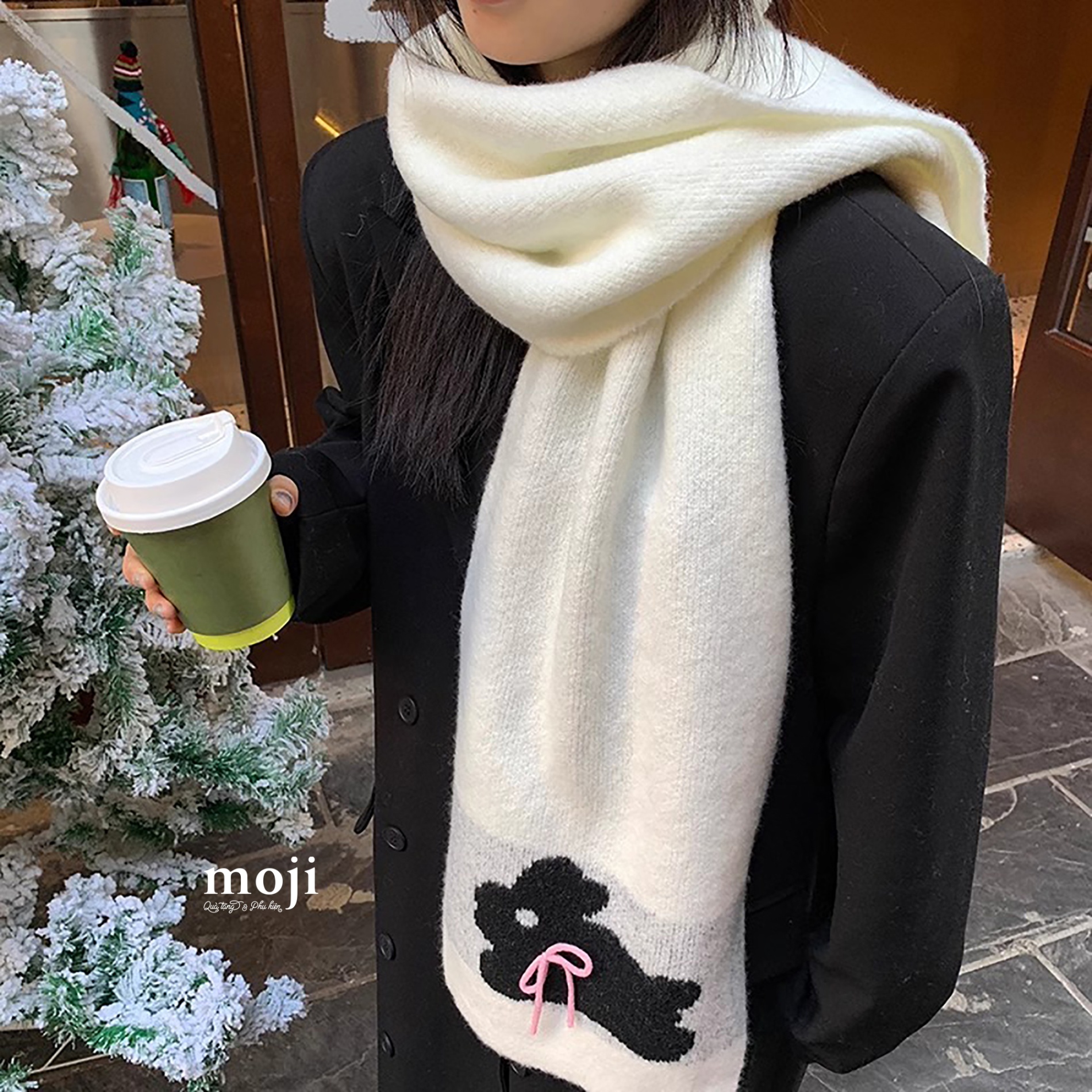 Khăn len Rabbit thỏ đeo bow nơ 28x176