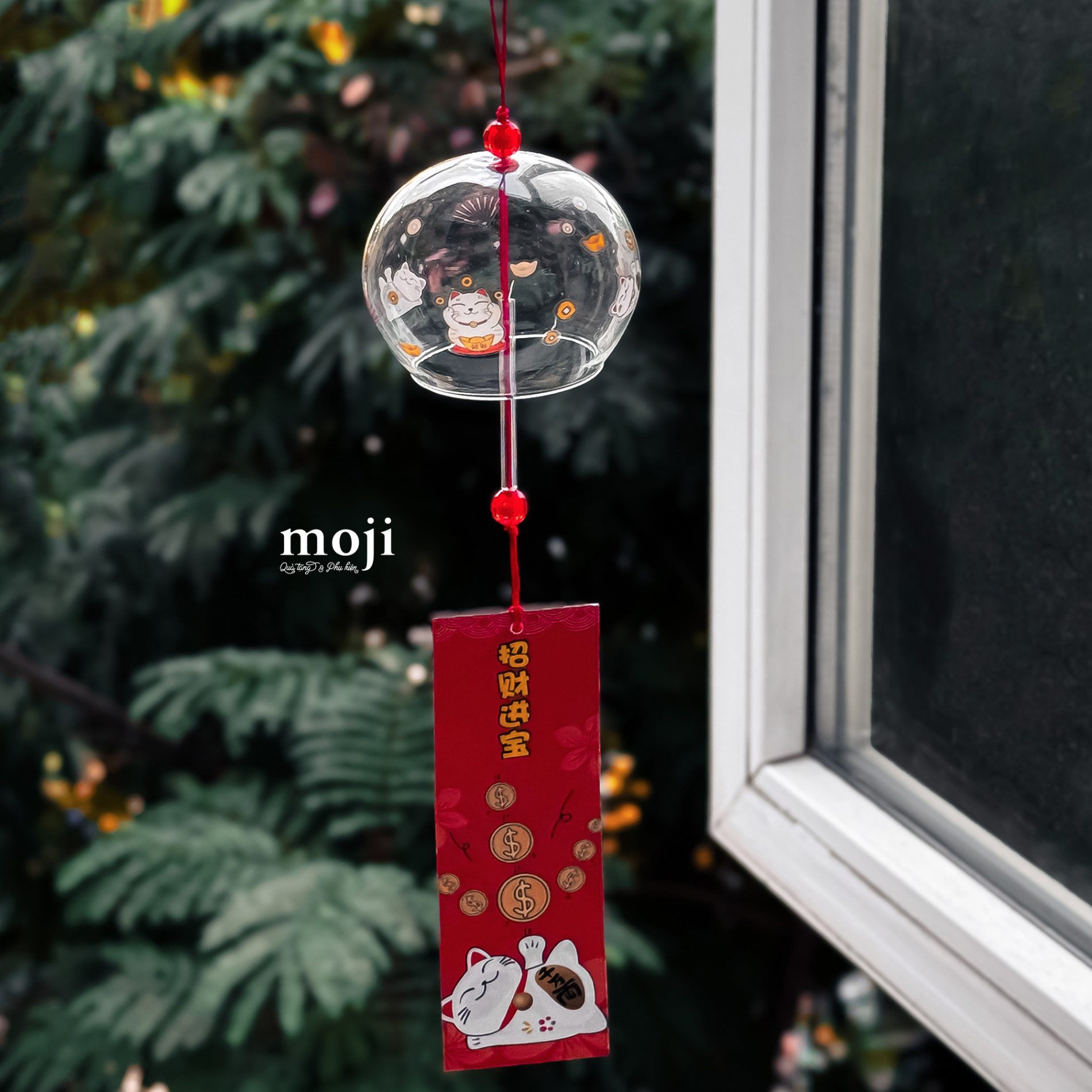 Chuông gió thủy tinh Mèo may mắn đồng vàng