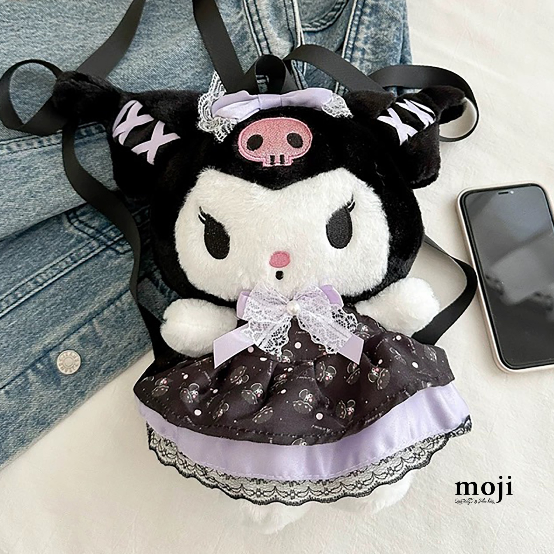 Balo gấu bông Sanrio family Kuromi váy bow nơ ren 20x30