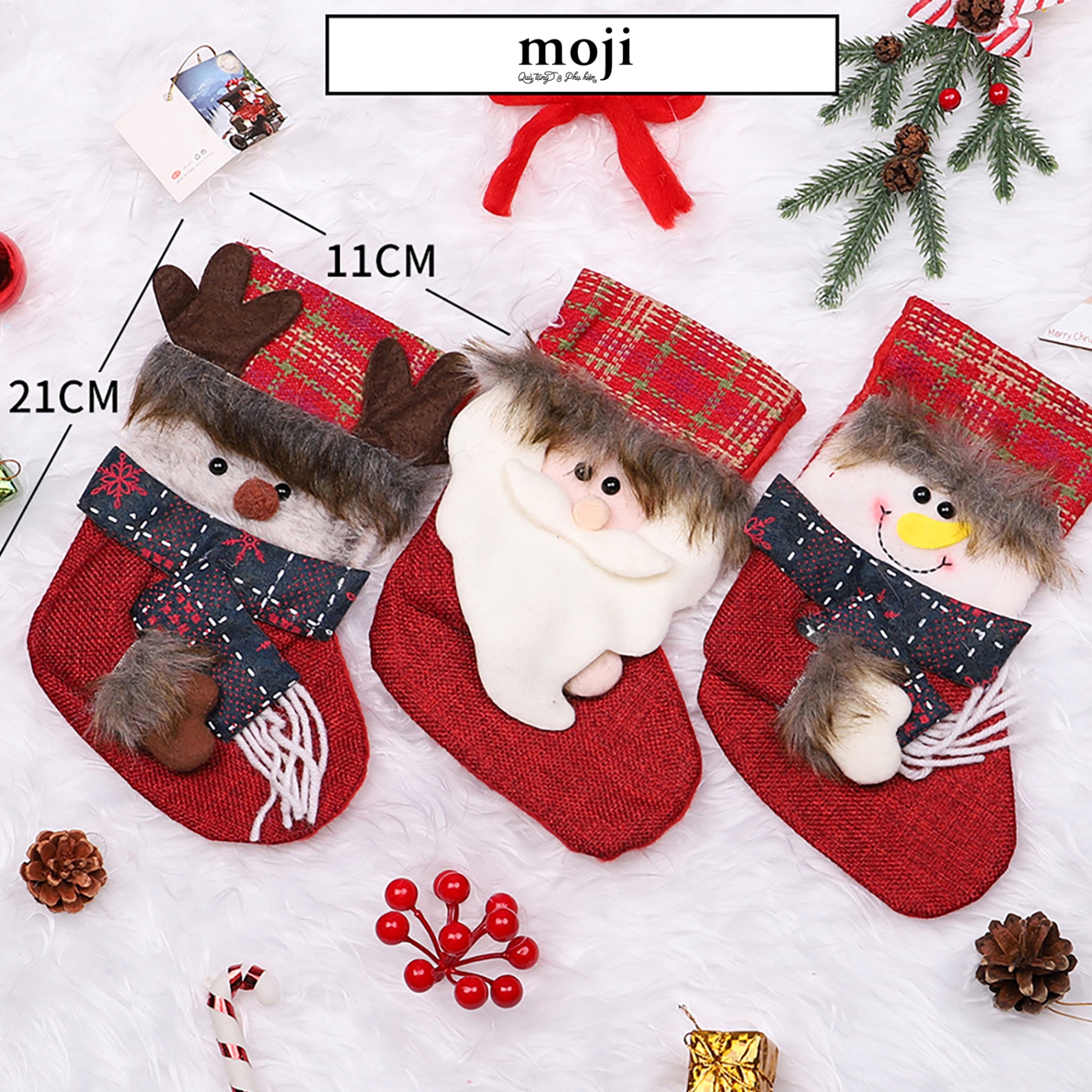 Tất treo trang trí Xmas Santa Claus người tuyết tuần lộc viền lông kẻ ô 11x21