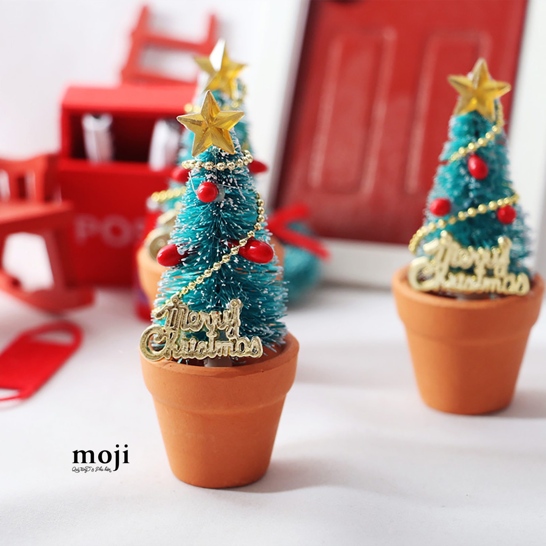 Cây thông trang trí Xmas để bàn Chậu đất ngôi sao chuỗi chữ vàng 8cm