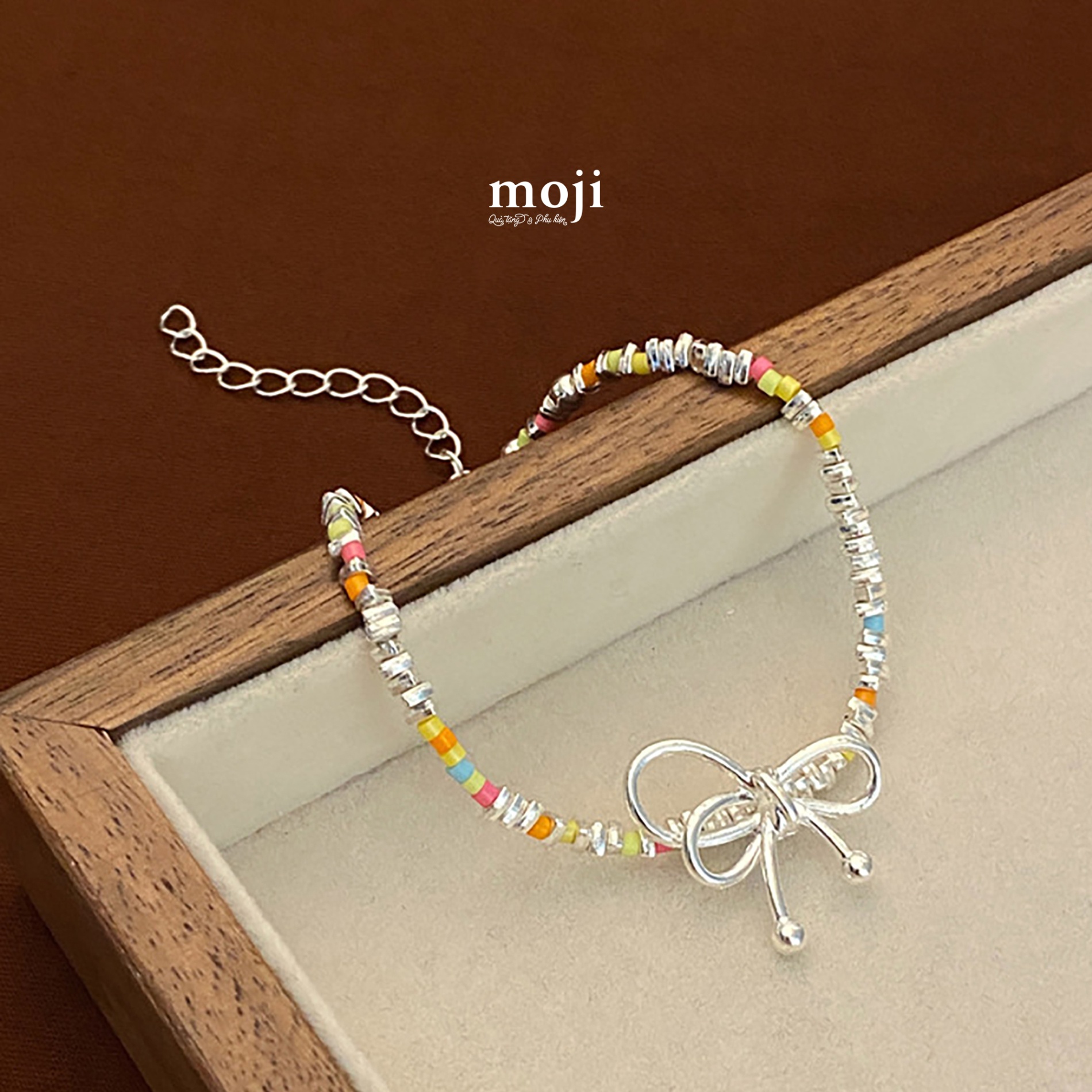 Vòng tay mạ bạc Bow nơ chuỗi hạt phối màu