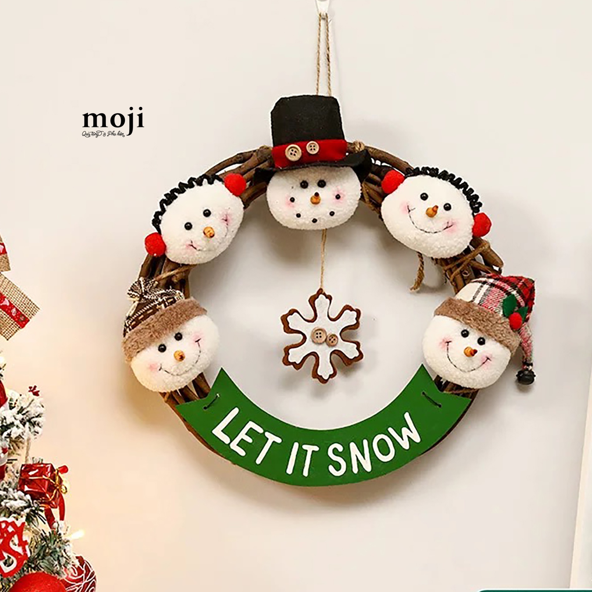 Vòng nguyệt quế Xmas Snowman hoa tuyết let it snow 36cm