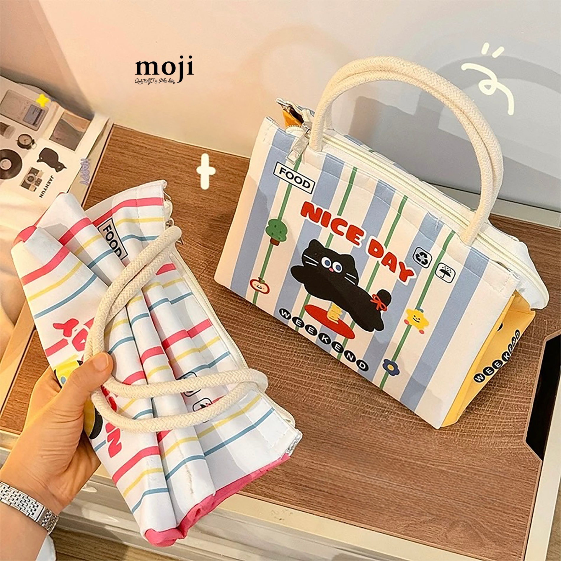 Túi đựng cơm giữ nhiệt Black cat nice day nền kẻ sọc 16x20x24
