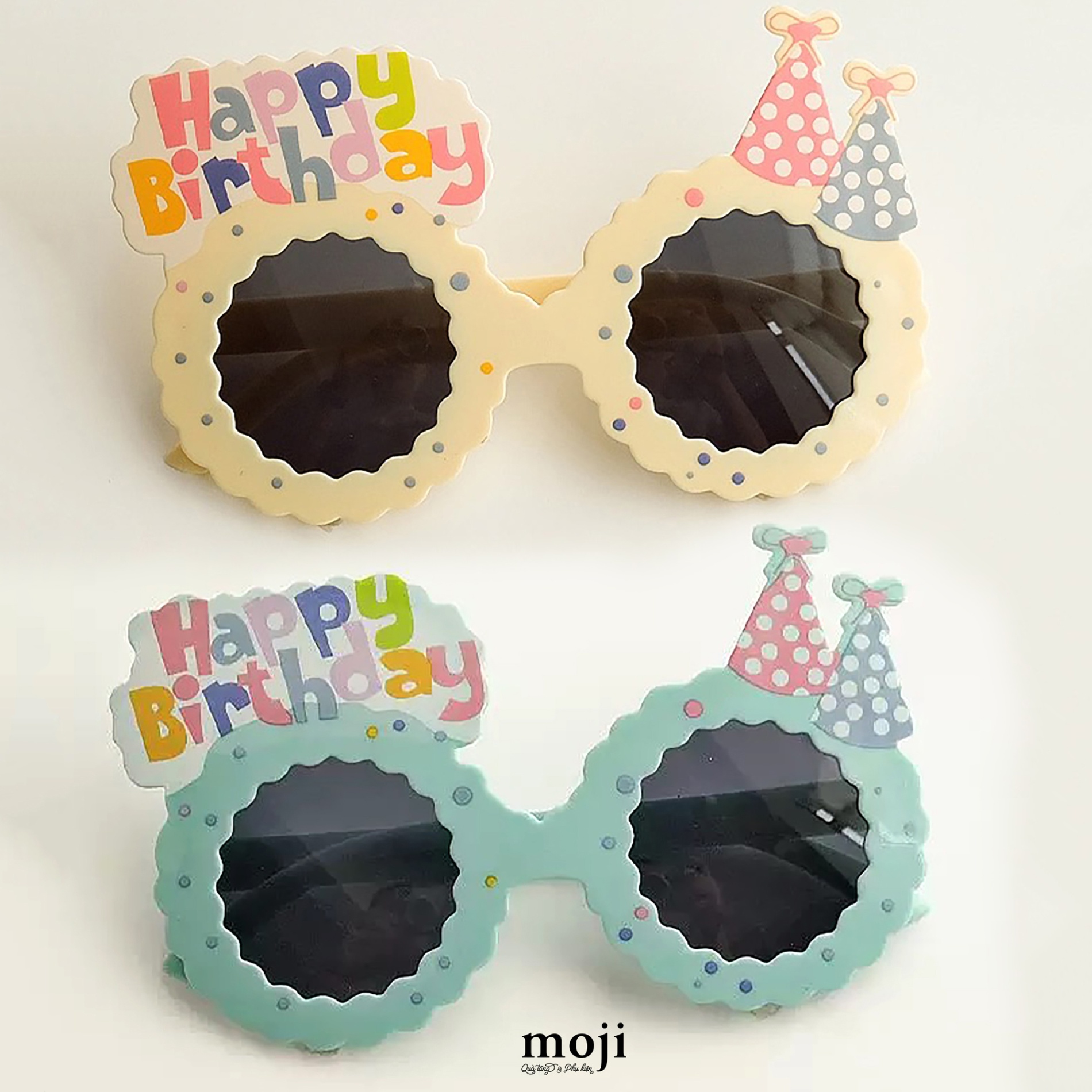Kính trang trí party Happy birthday mũ chấm bi