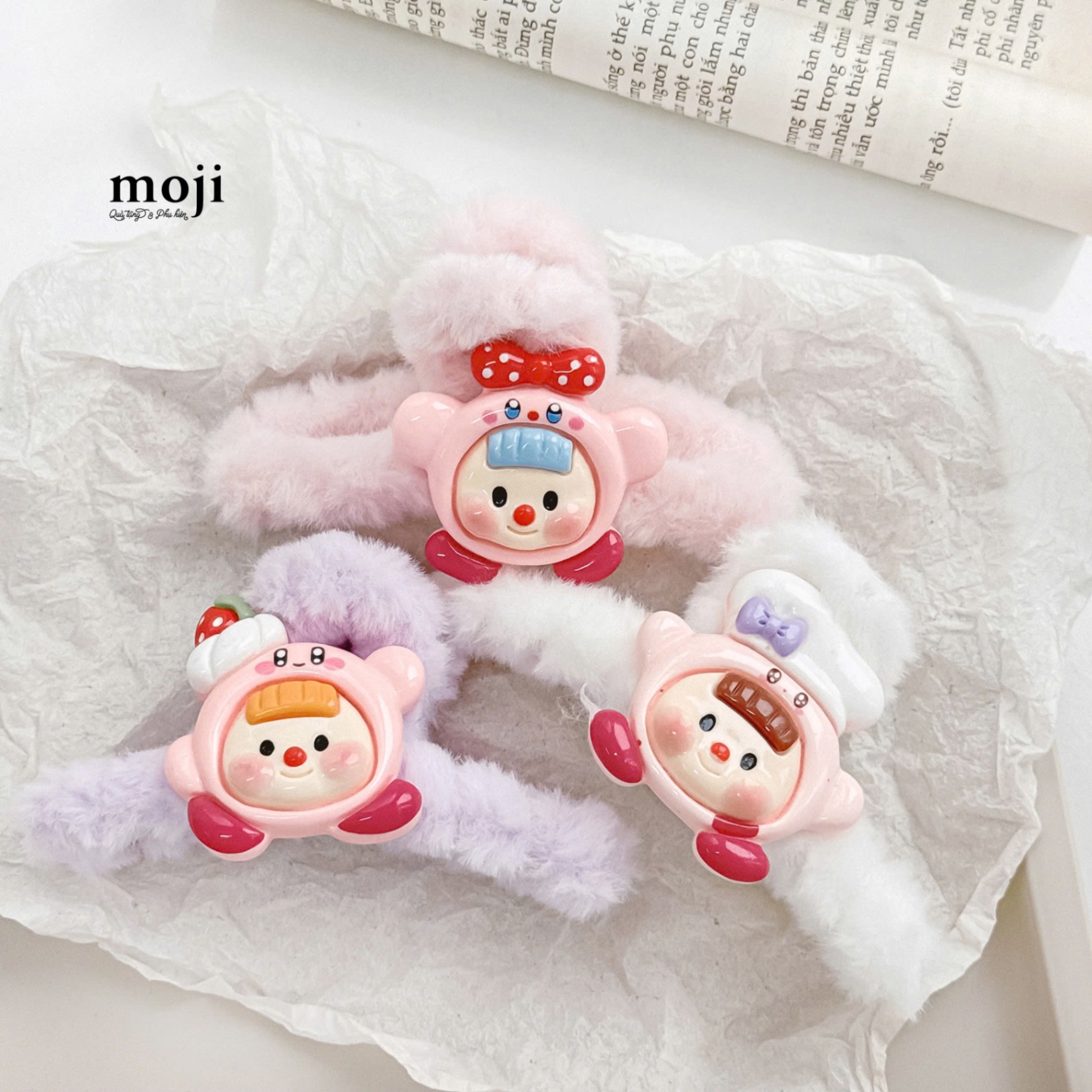 Kẹp tóc càng cua lông xù Little girl cosplay Kirby bow nơ chef cake
