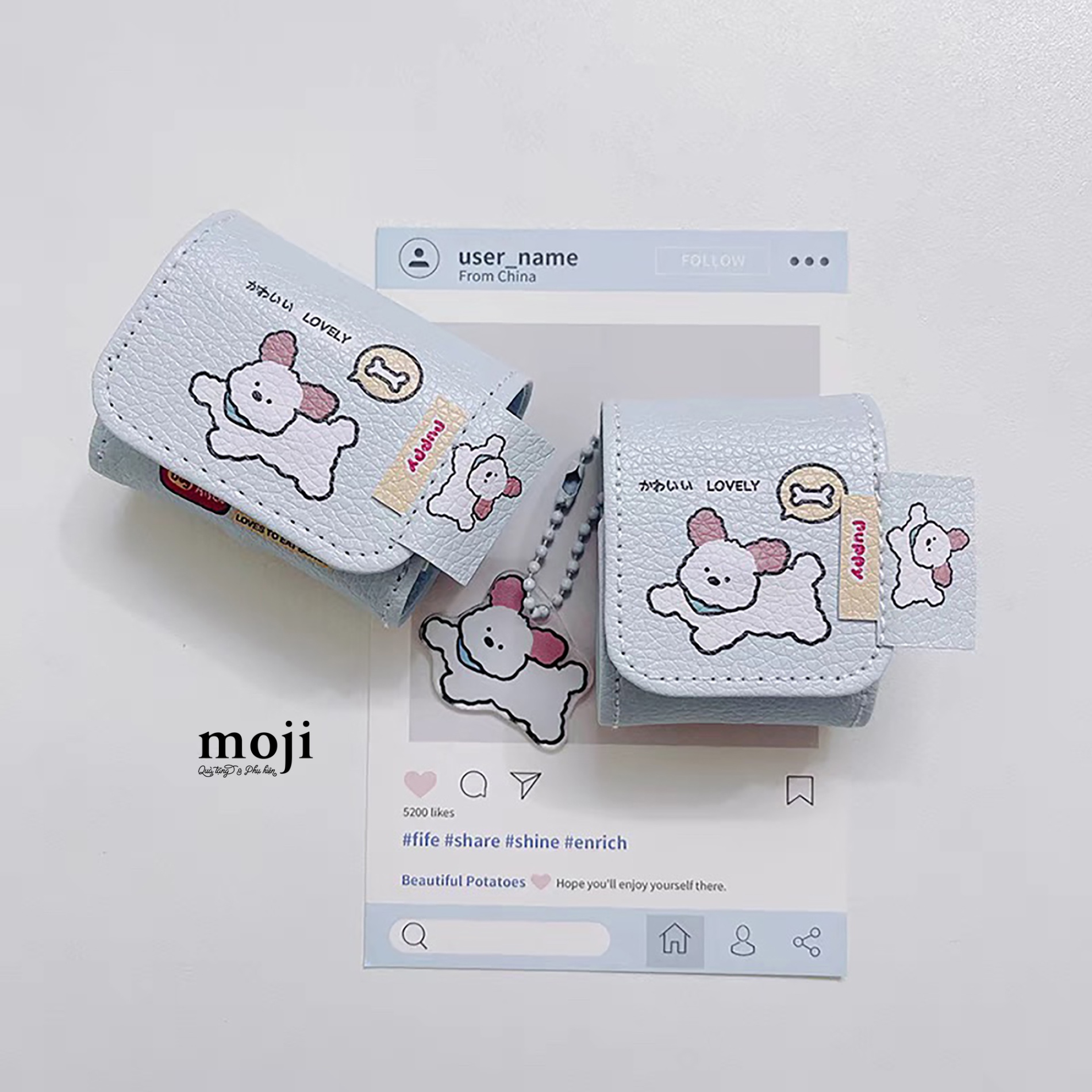 Case Airpods Cute little dog loves to eat bones kèm móc