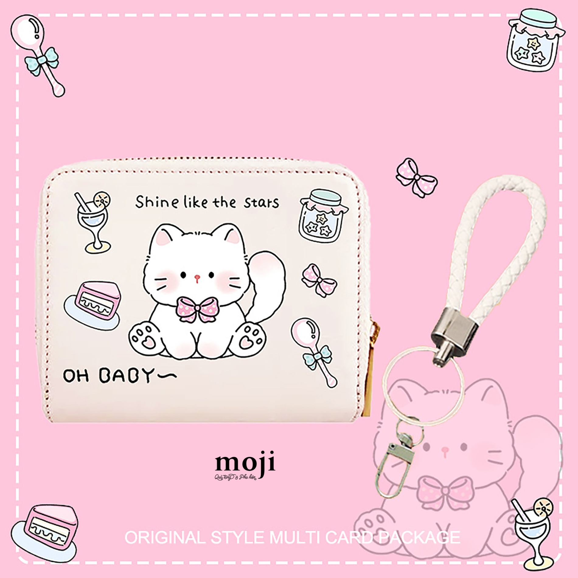 Ví da dáng ngắn Cute cat shine like the stars kèm móc 8x11
