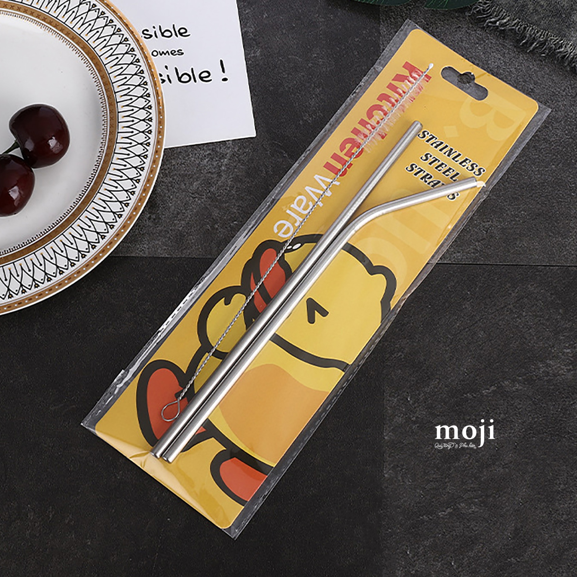 Ống hút inox kèm cọ Basic 1 màu vịt vàng set2