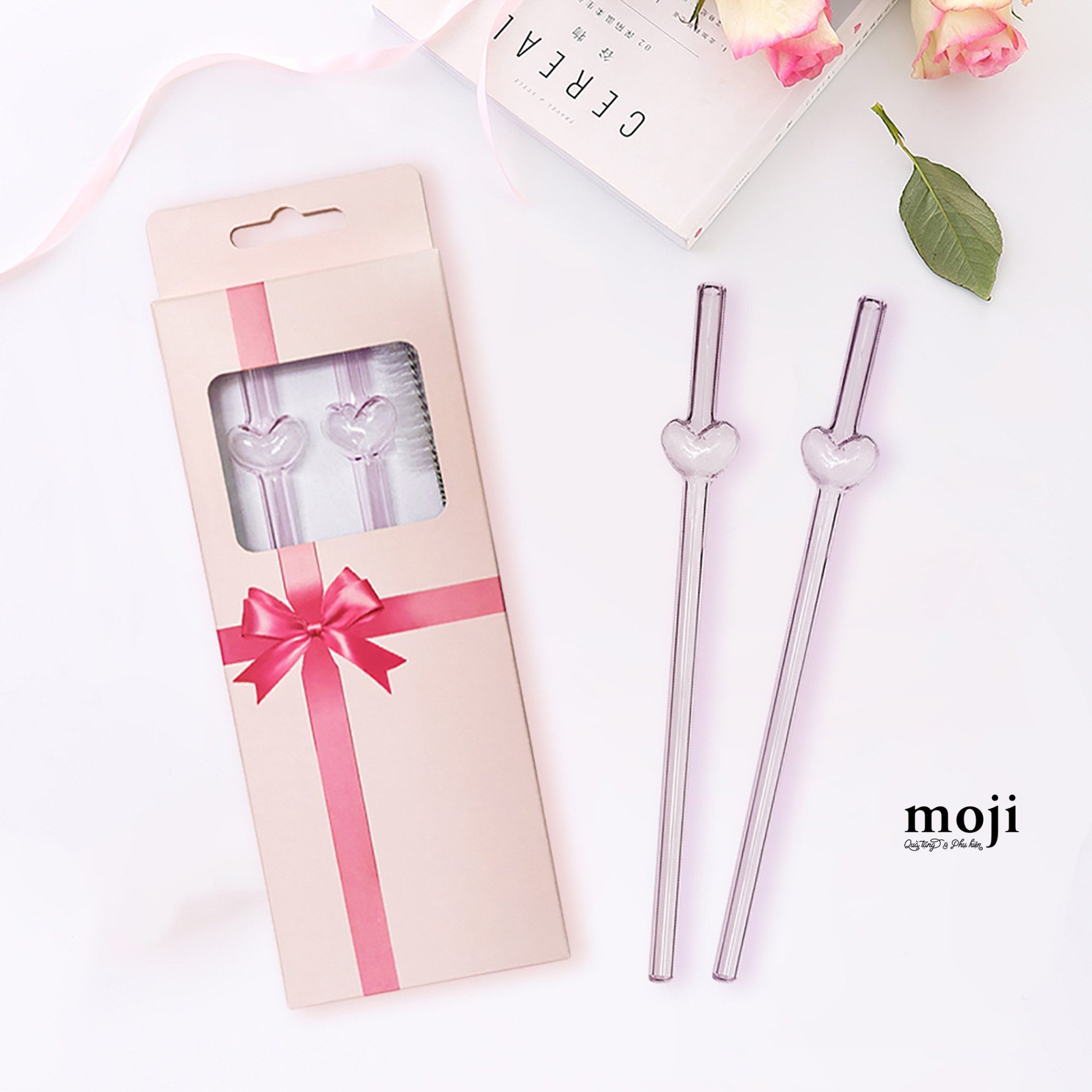 Ống hút thủy tinh kèm cọ Basic heart set2