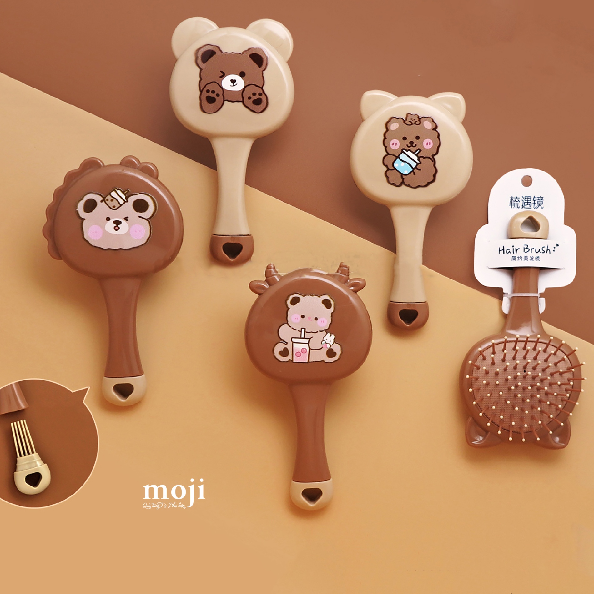Lược đệm mát xa Baby bear milk tea animal kèm dụng cụ vệ sinh