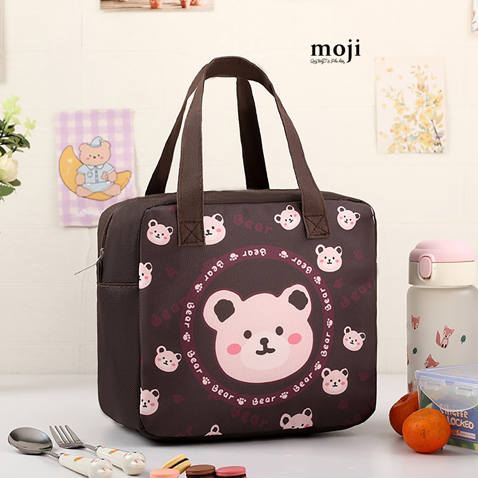 Túi đựng cơm giữ nhiệt Baby bear face má hồng dấu chân nhỏ 13x22x24