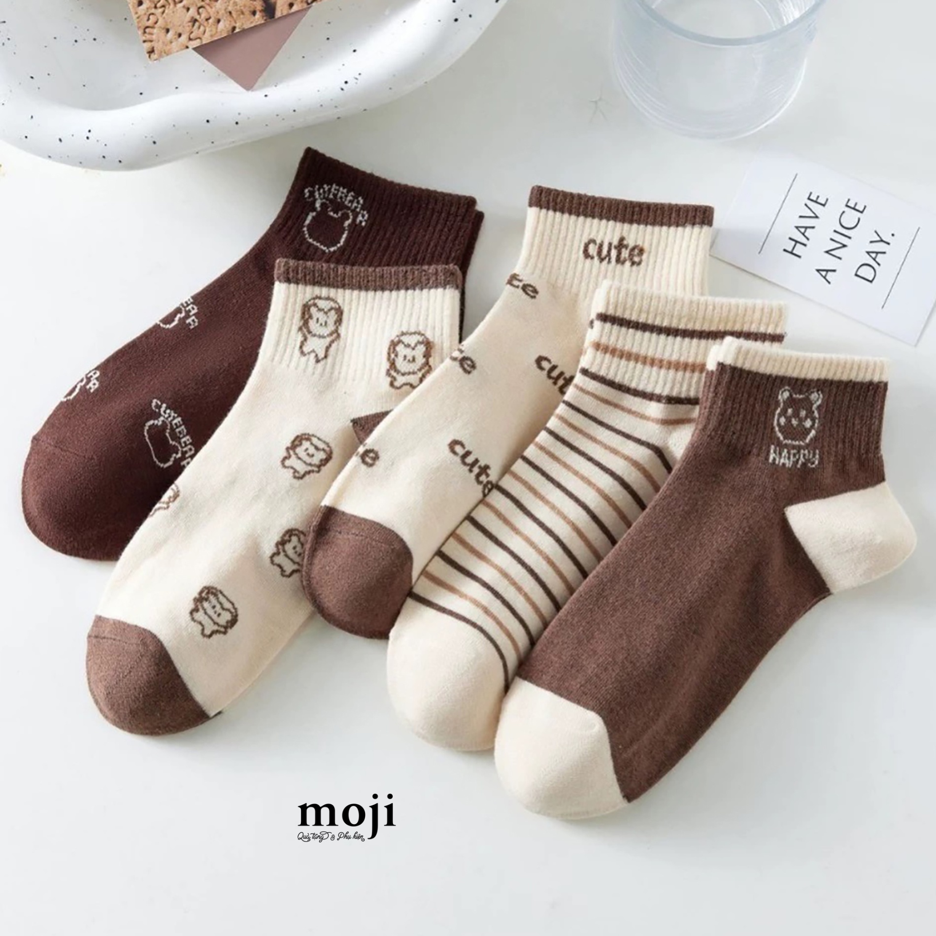 Tất vớ cổ ngắn Cute happy baby bear kẻ sọc ngang