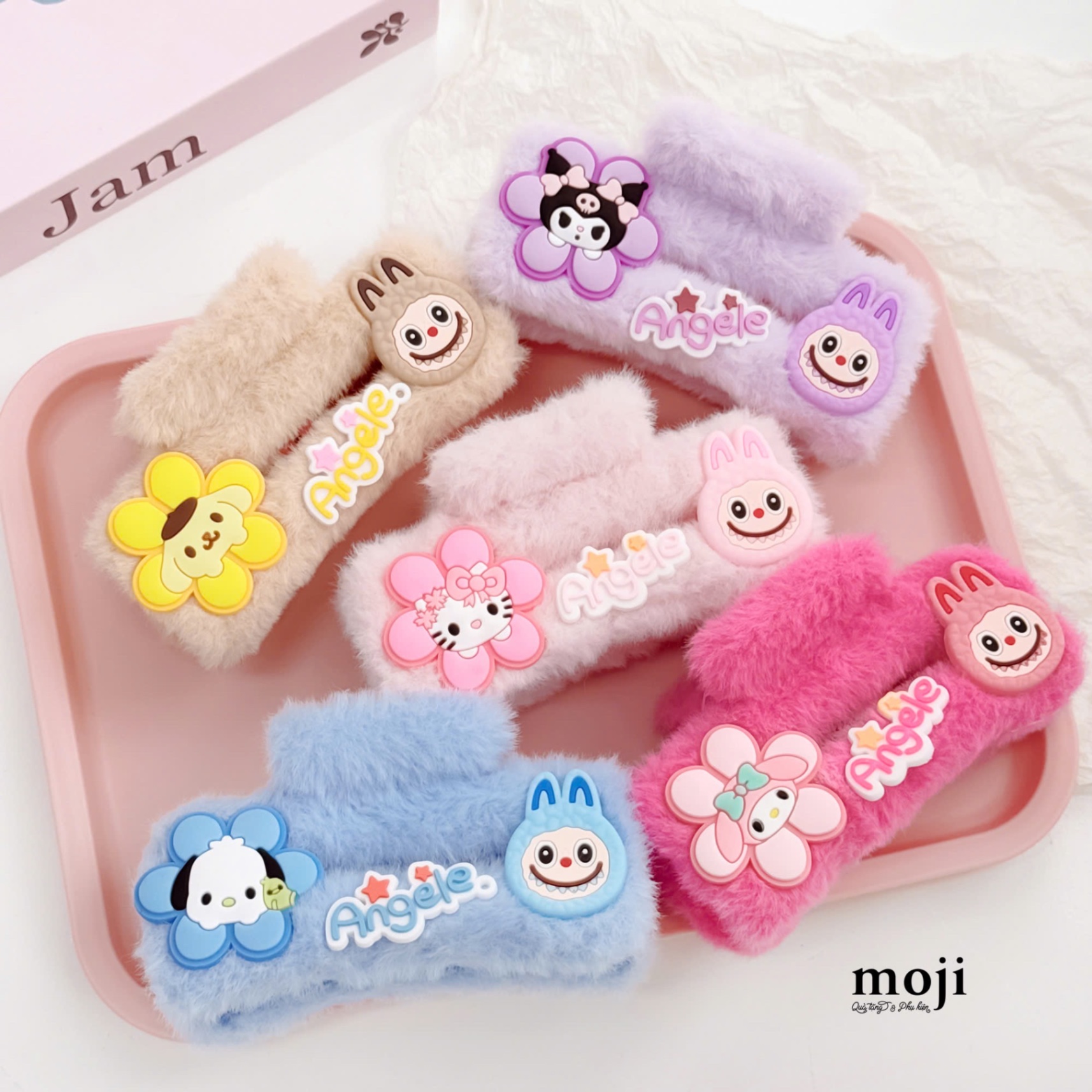 Kẹp tóc càng cua lông xù chữ nhật unoff Labubu Sanrio family face flower angele
