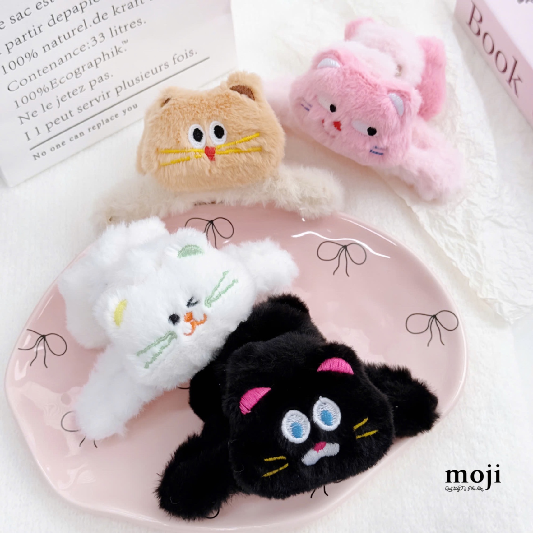 Kẹp tóc càng cua lông xù Cute cat face màu sắc biểu cảm