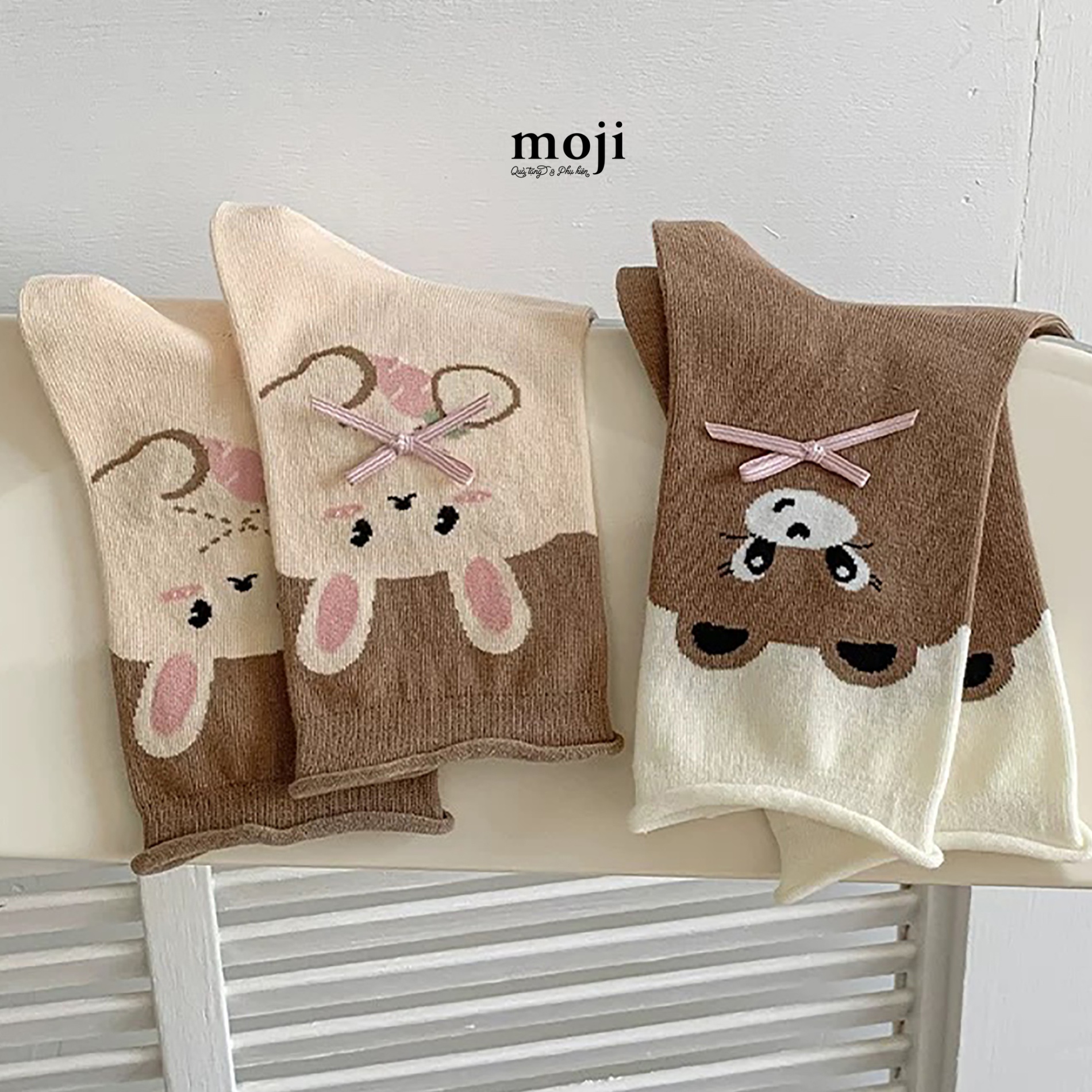 Tất vớ cổ cao Cute animal face bow nơ phối màu