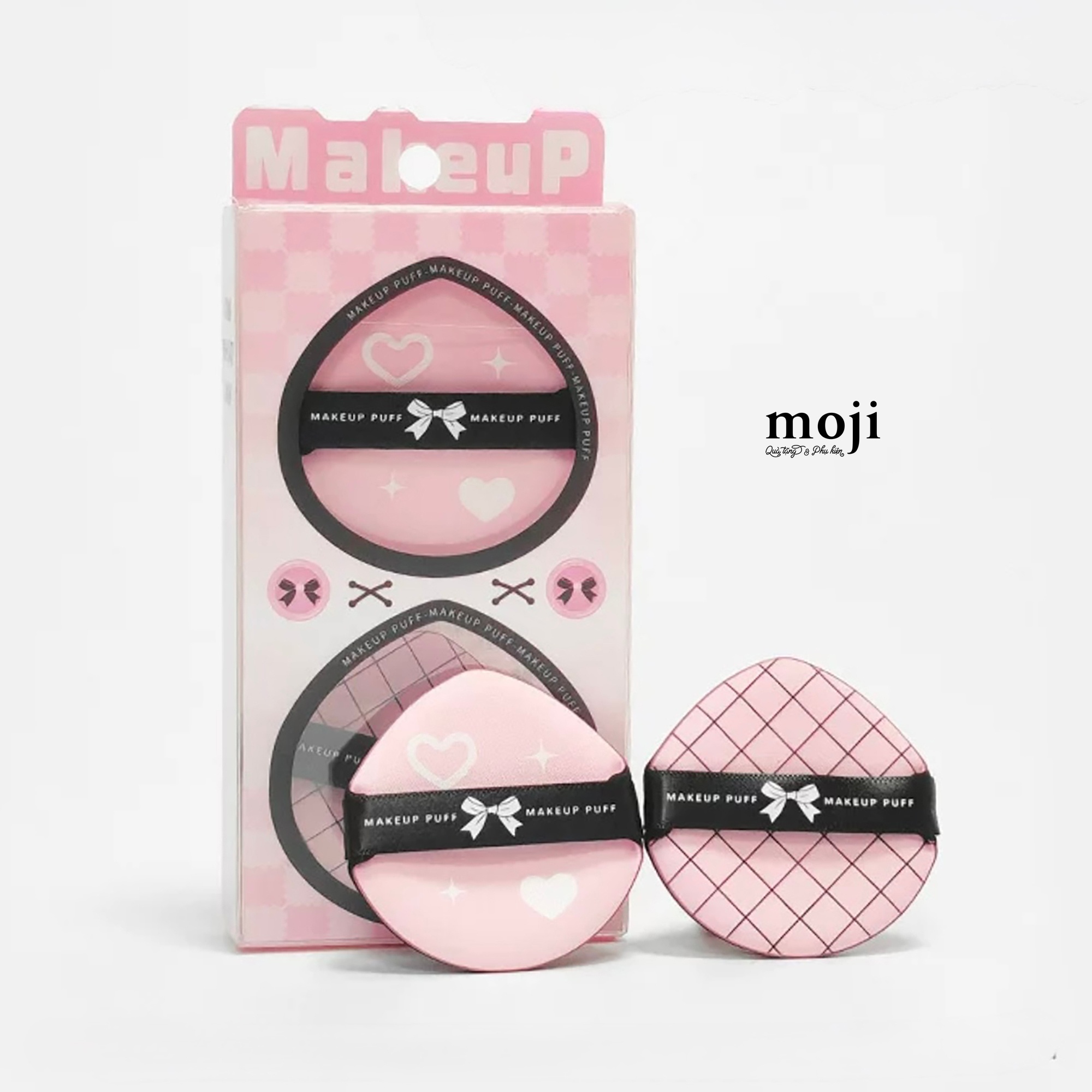 Bông phấn trang điểm Heart star bow nơ kẻ ô set2