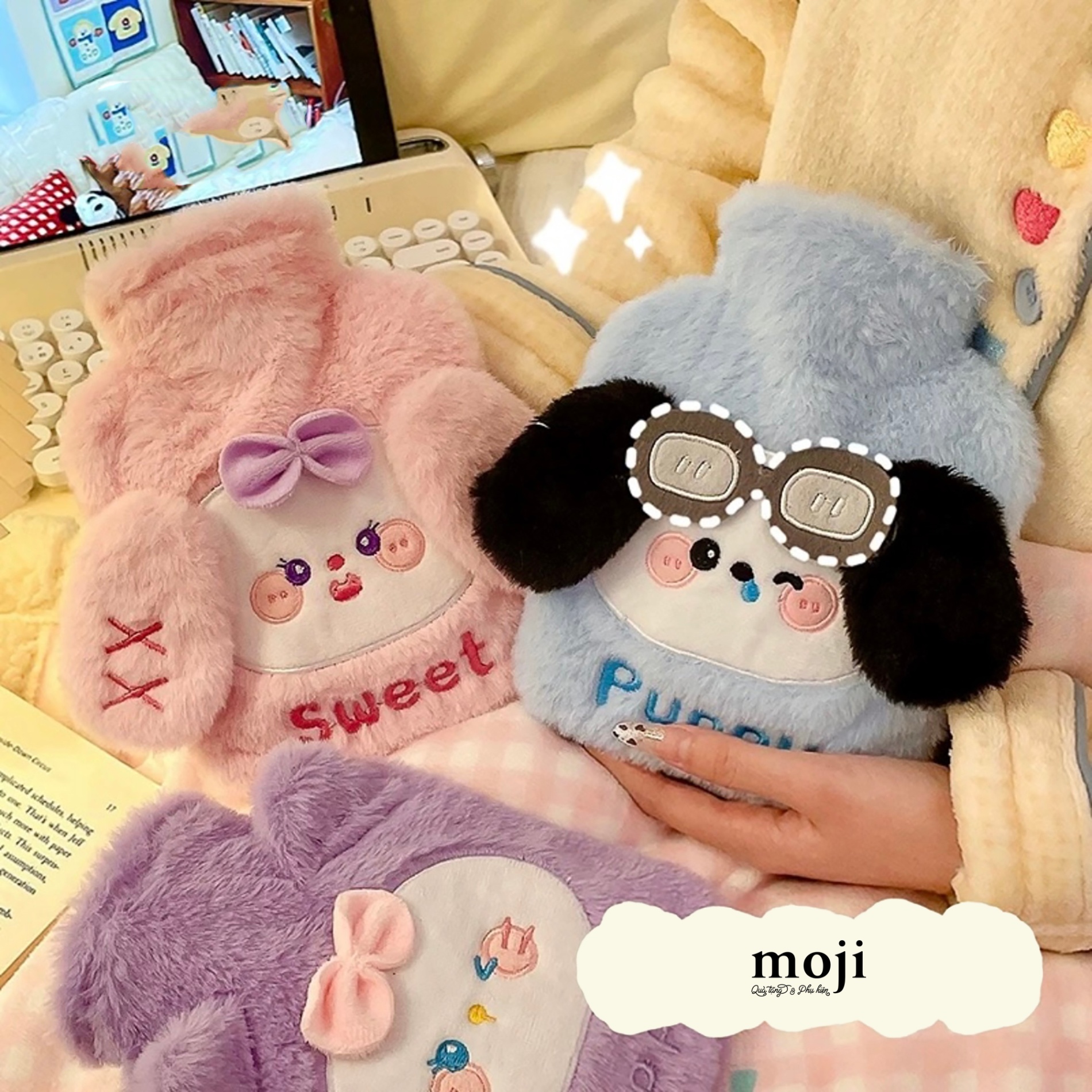 Túi chườm giữ nhiệt bọc vải Cute animal face đeo kính bow nơ fruit có tai 15x19