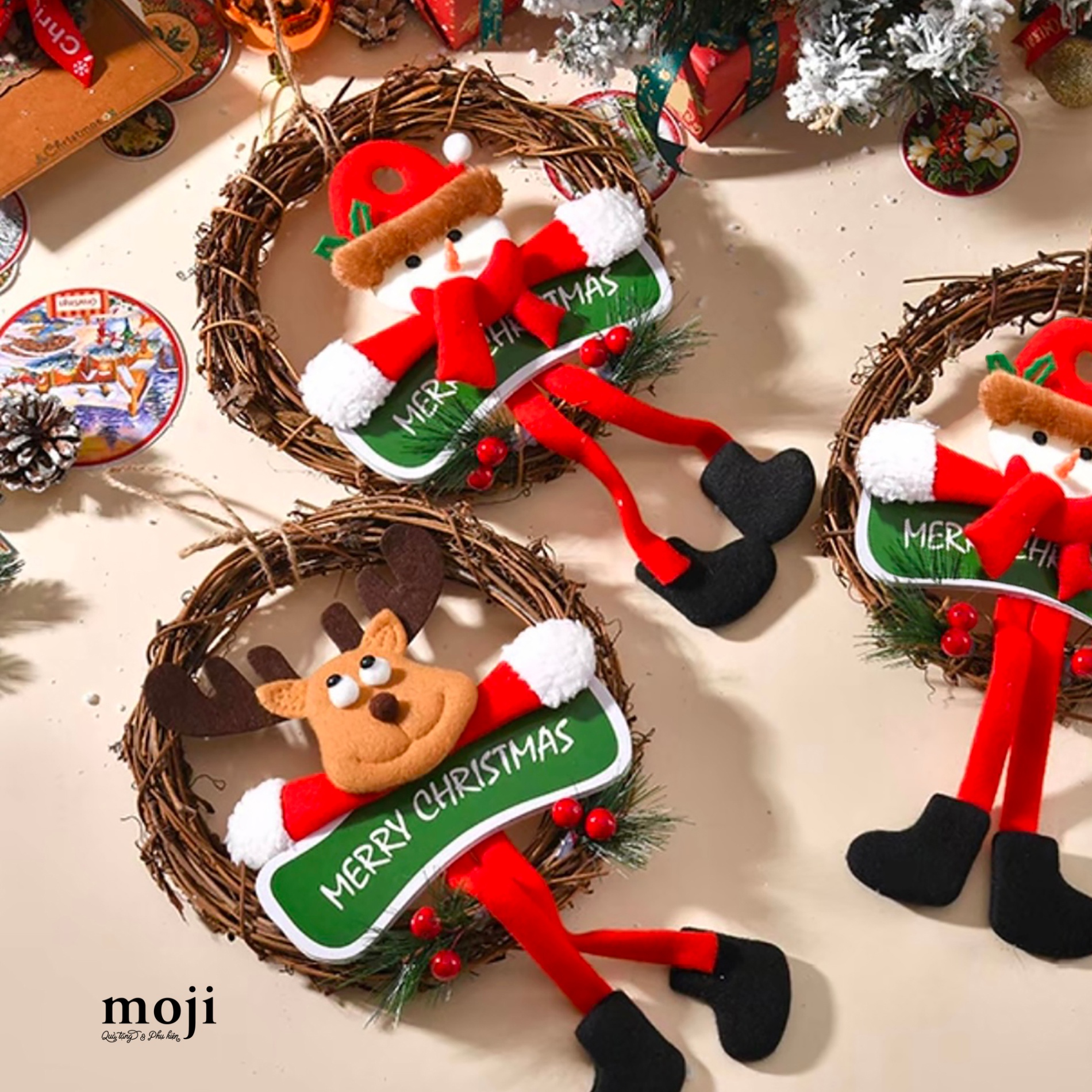 Vòng nguyệt quế Xmas Người tuyết tuần lộc chân dài 20cm