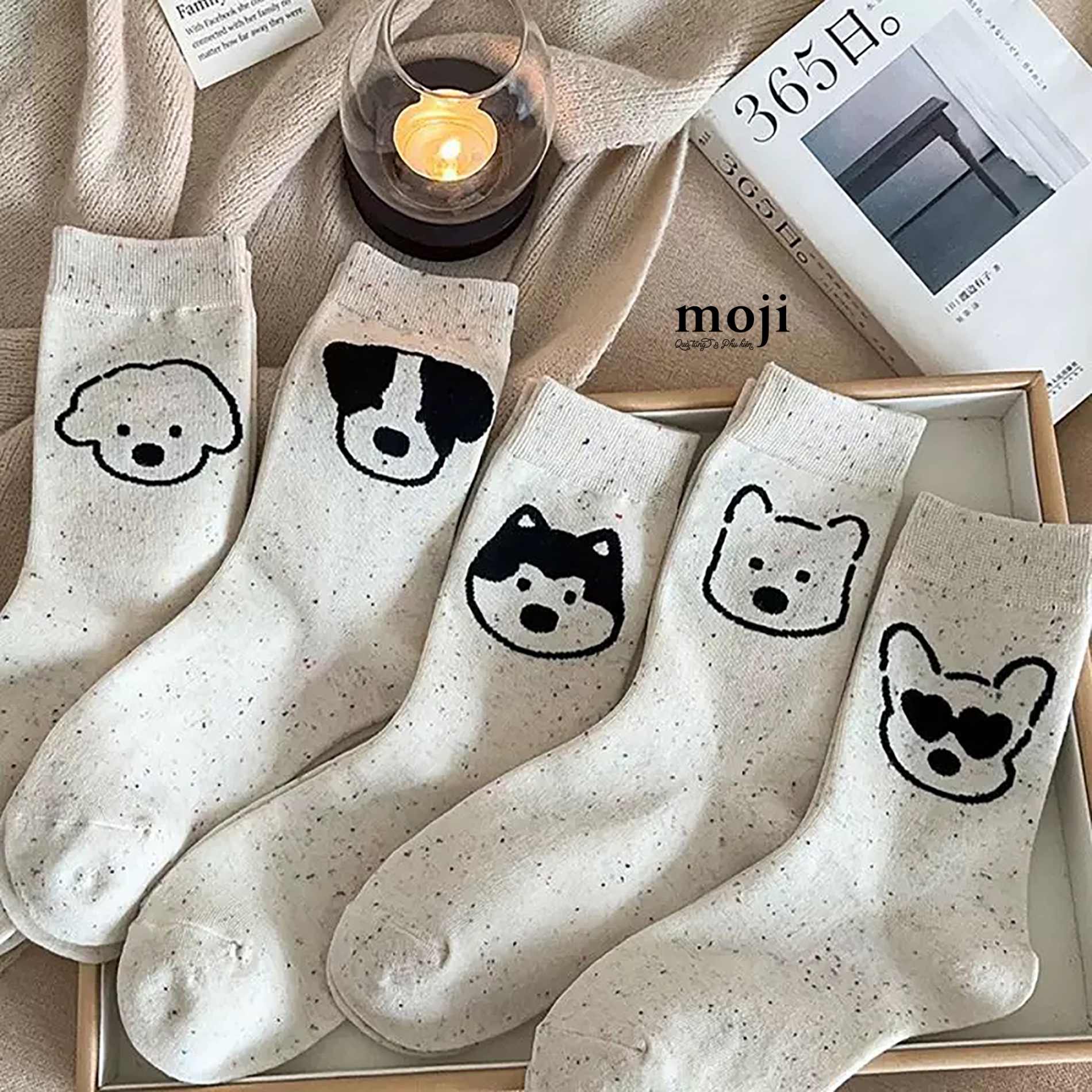 Tất vớ cổ cao Cute dog face light dust texture art style
