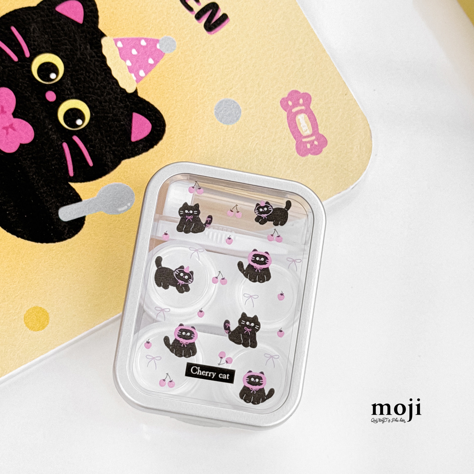 Hộp đựng lens Cherry cat mèo chấm bi bow nơ set2