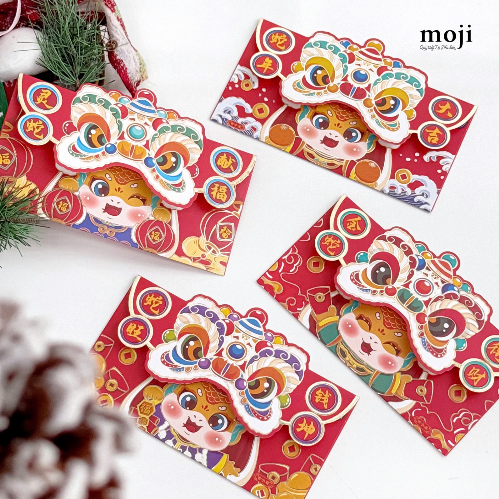 Bao lì xì Rắn cute snake múa lân đồng xu lồng đèn fruit dáng ngang set4